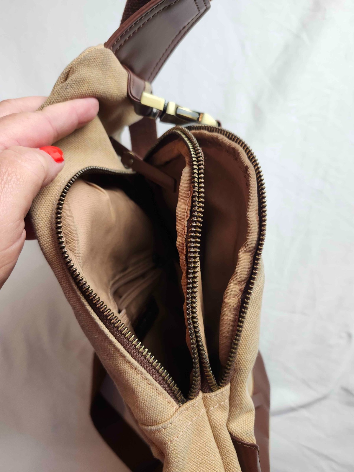 Unisex Khaki/Brown Canvas Sling Backpack Vegan Leather Trim Adjustable Strap