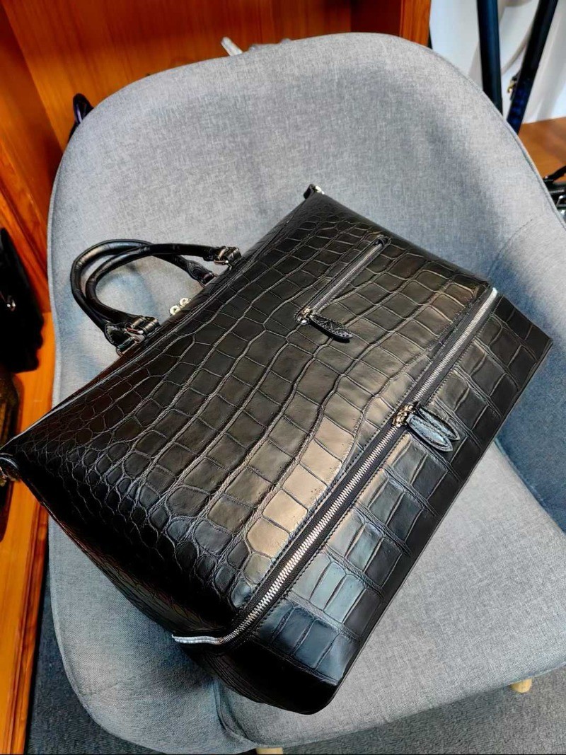 Handcrafted Real Croco Belly Leather Double Layer Business Handbag Travel