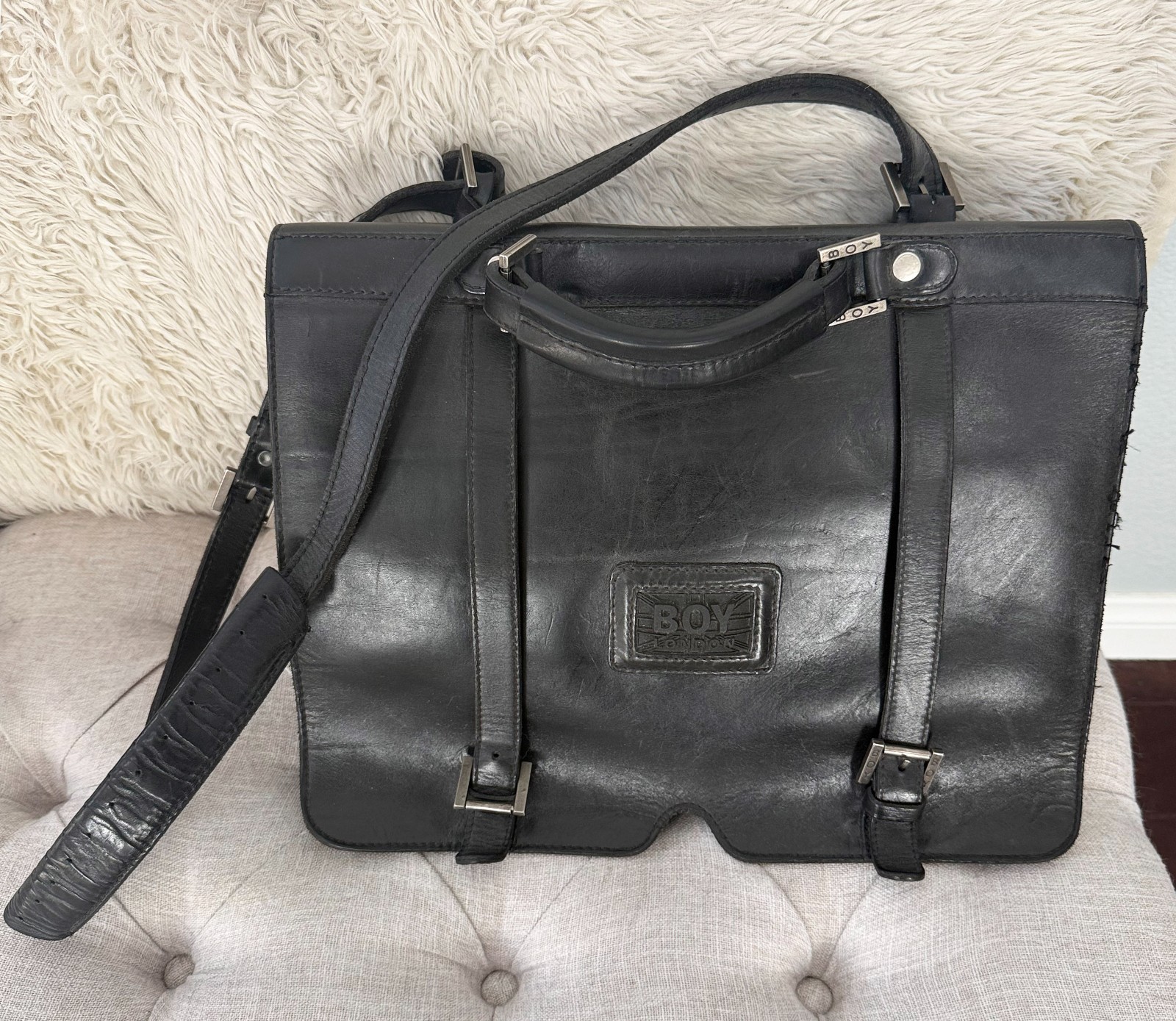 BOY London *RARE* Black Leather Briefcase Shoulder Bag Vtg 80s MELROSE messenger