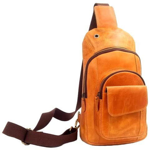 Handmade Buffalo Leather Travel Hiking Crossbody Chest Sling Small Camel Brown