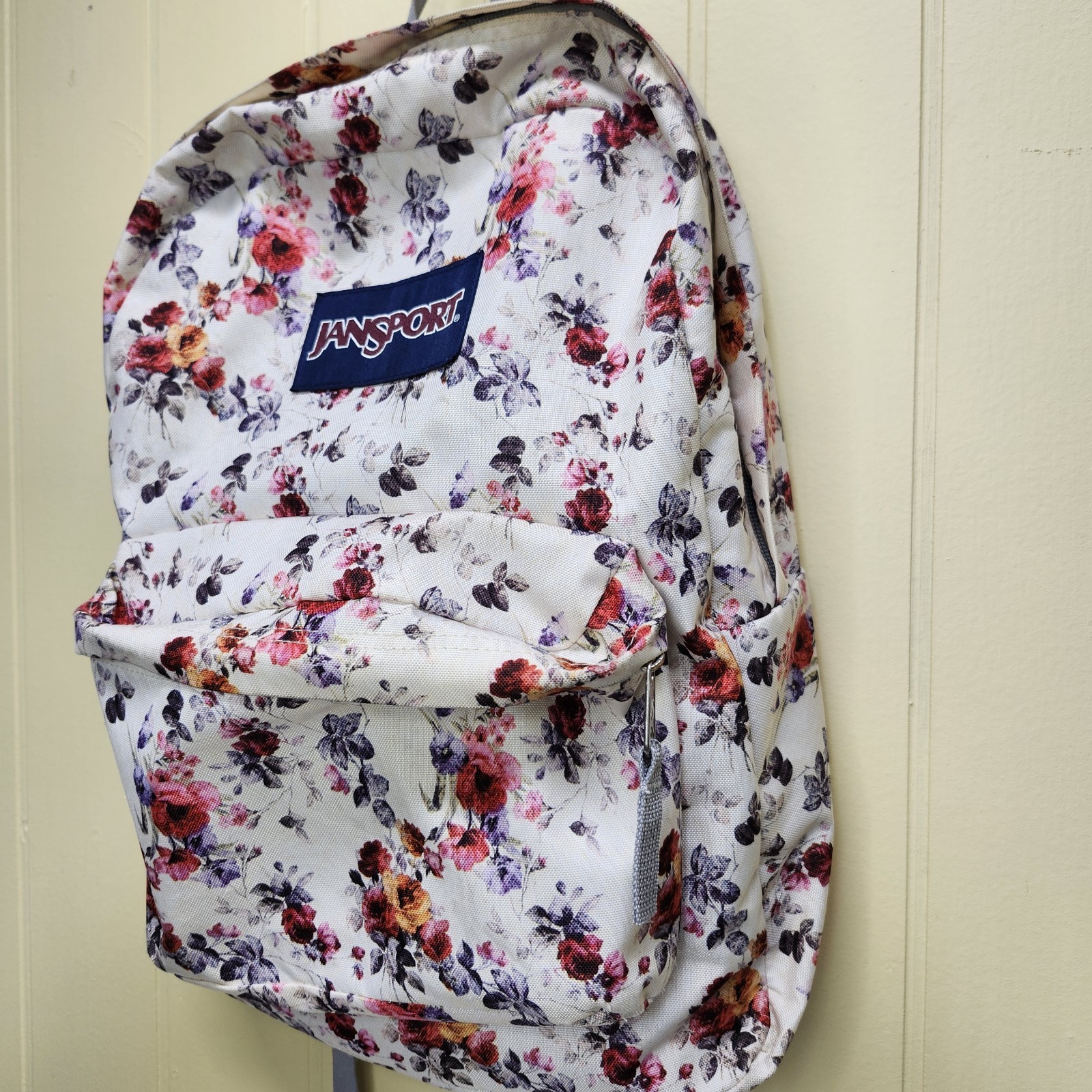 Jansport Backpack, Floral Superbreak White With Multicolor Flowers Front Pocket