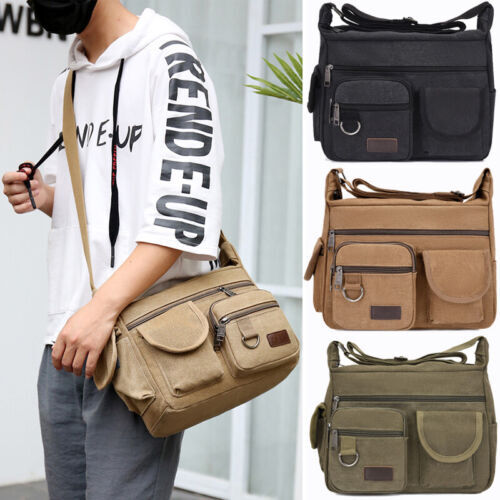 Canvas Tote Bag Men Messenger Crossbody Shoulder Large Bag with Multiple Pockets