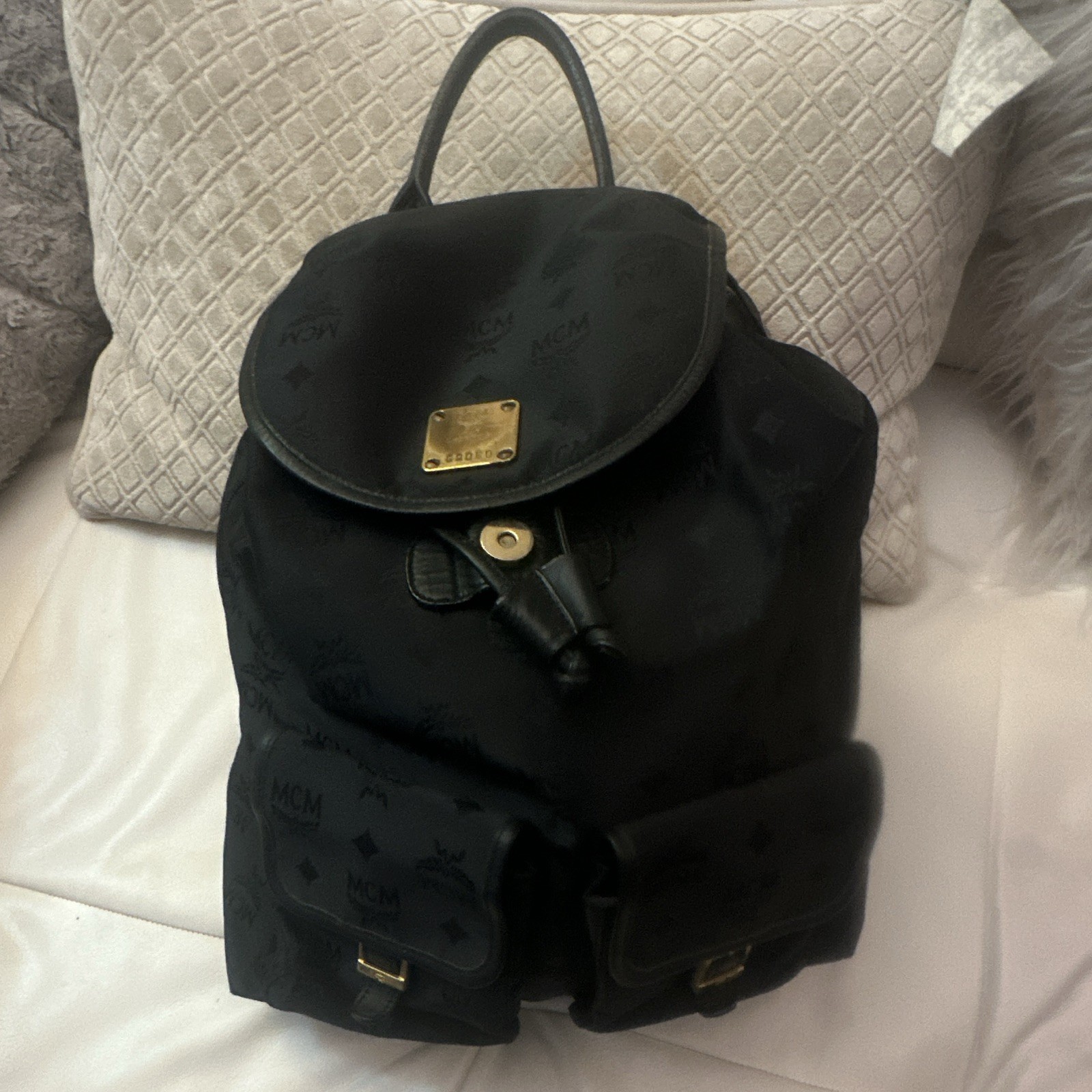 MCM Black Logo Backpack Drawstring Buckle Gold-Tone Hardware Unisex Adults