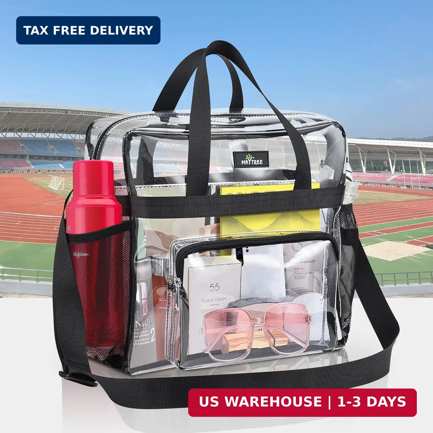 MAY TREE Clear Bag for Stadium Events, 12×5.5×12 Clear Tote Lunch Bag with Non
