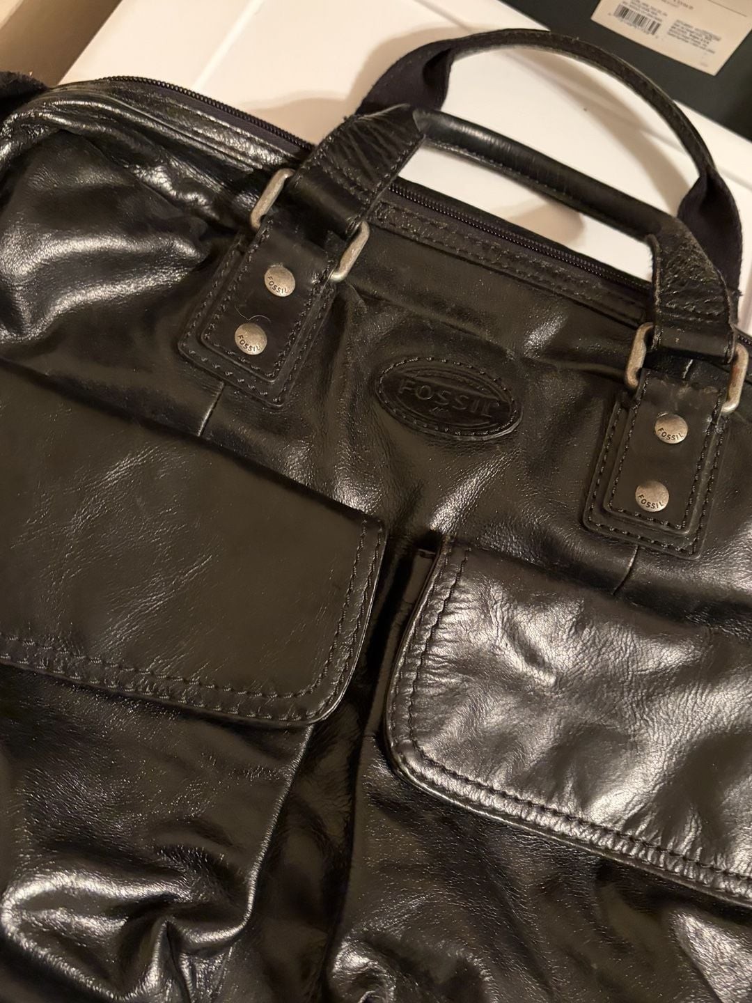 Fossil Vintage Black Leather Multi-Pocket Work Briefcase Messenger Bag