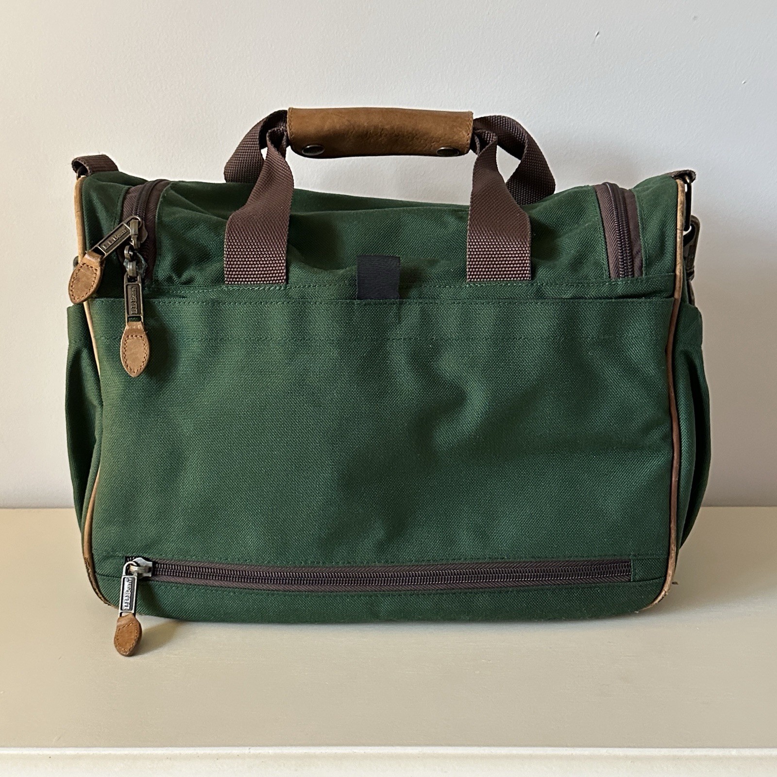 Vintage 90s L.L. Bean Canvas Carry On Bag Green Leather Trim Duffle *FLAW*