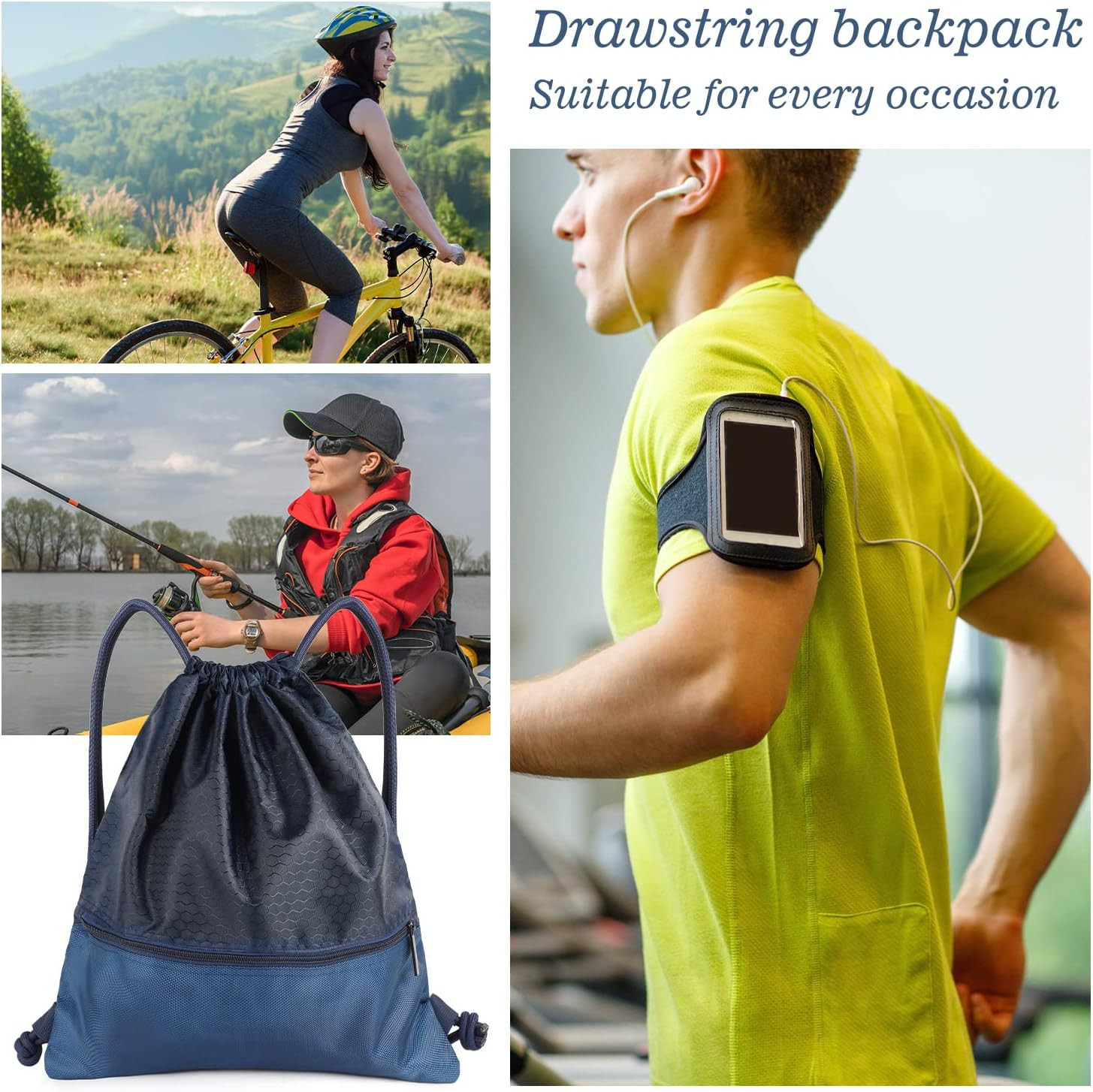 Drawstring Backpack Bag, Waterproof Draw String Back Sack with Zip Pocket, Gym D