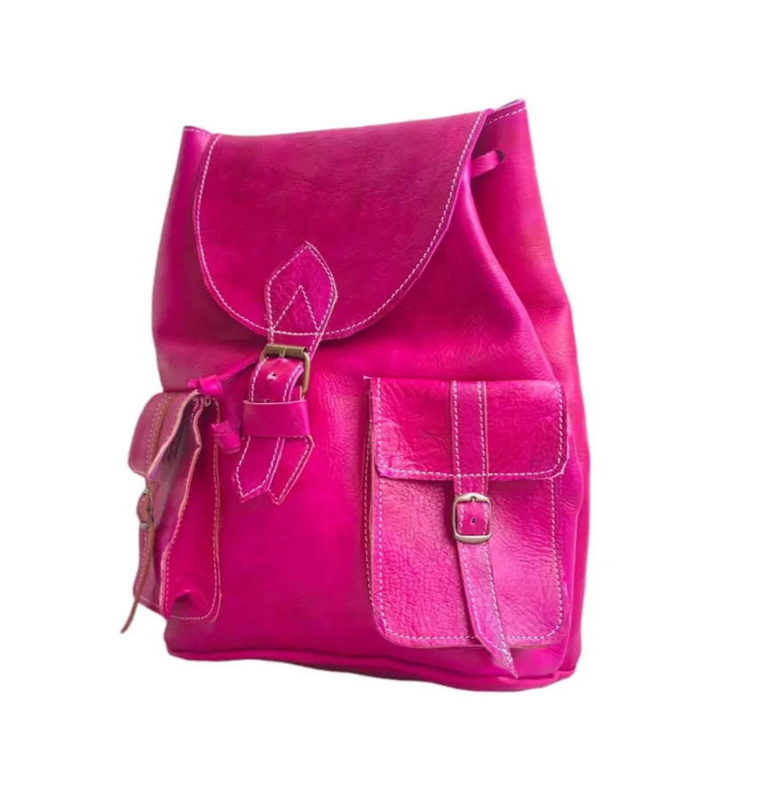 Fuchsia Pink Genuine Leather Backpack Handmade 38cm Artisan Handcrafted