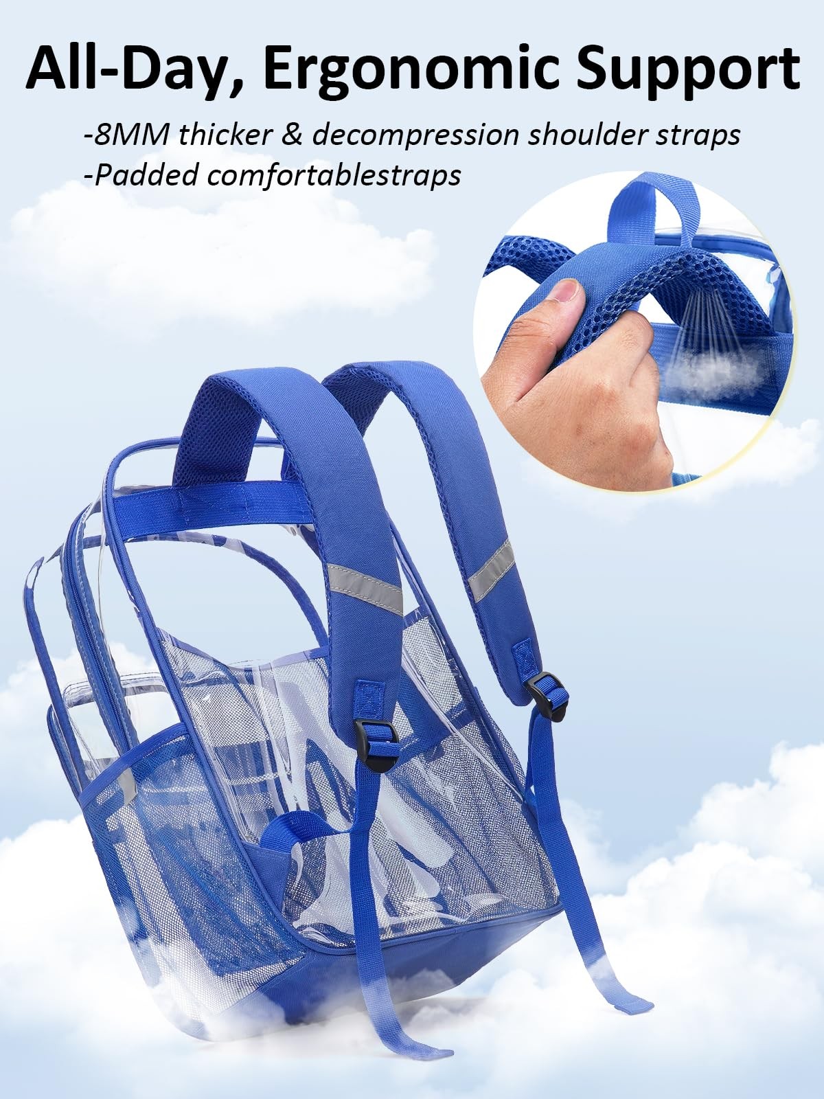 Blue Clear Backpack Heavy Duty TSA Lock 18 Inch Transparent See Through