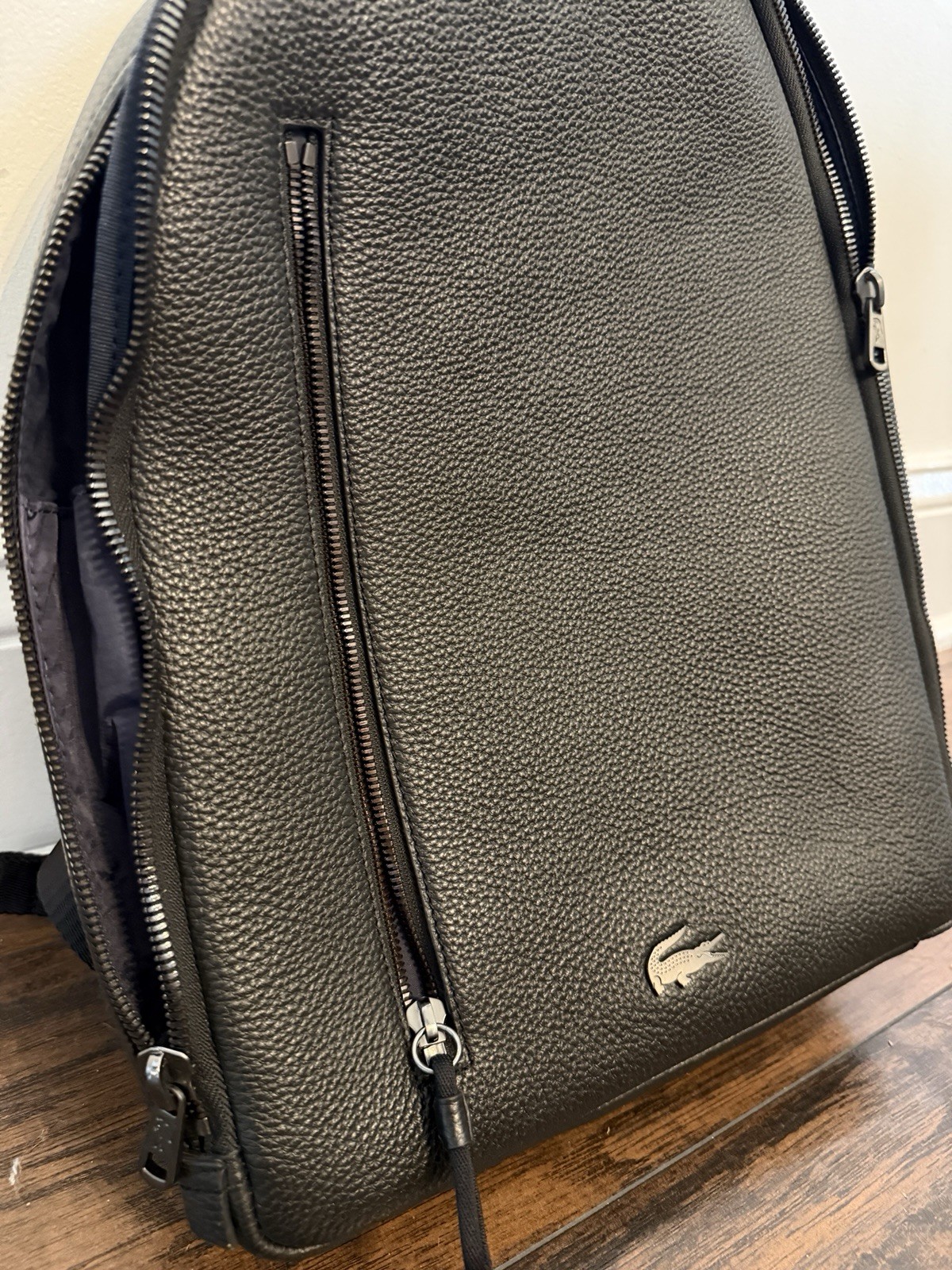 Lacoste Mens Leather Flat Backpack, Noir, One Size FREE SHIPPING