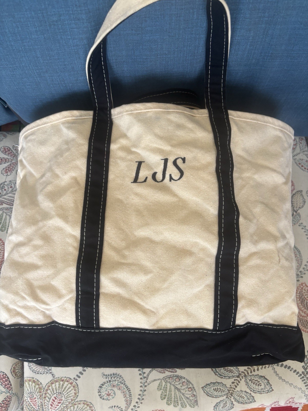 Vintage LL BEAN BOAT & TOTE Canvas Bag Navy Long Handle Open Top Embroidered
