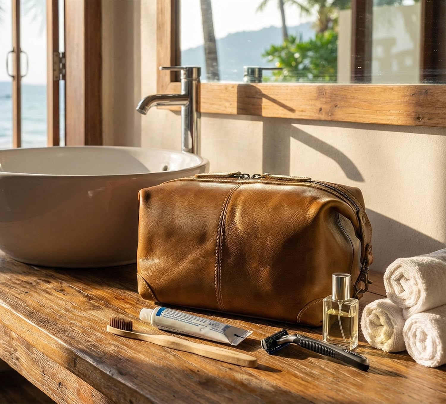 Full Grain Leather Toiletry Bag for Men Women Handcrafted Travel Case Genuine
