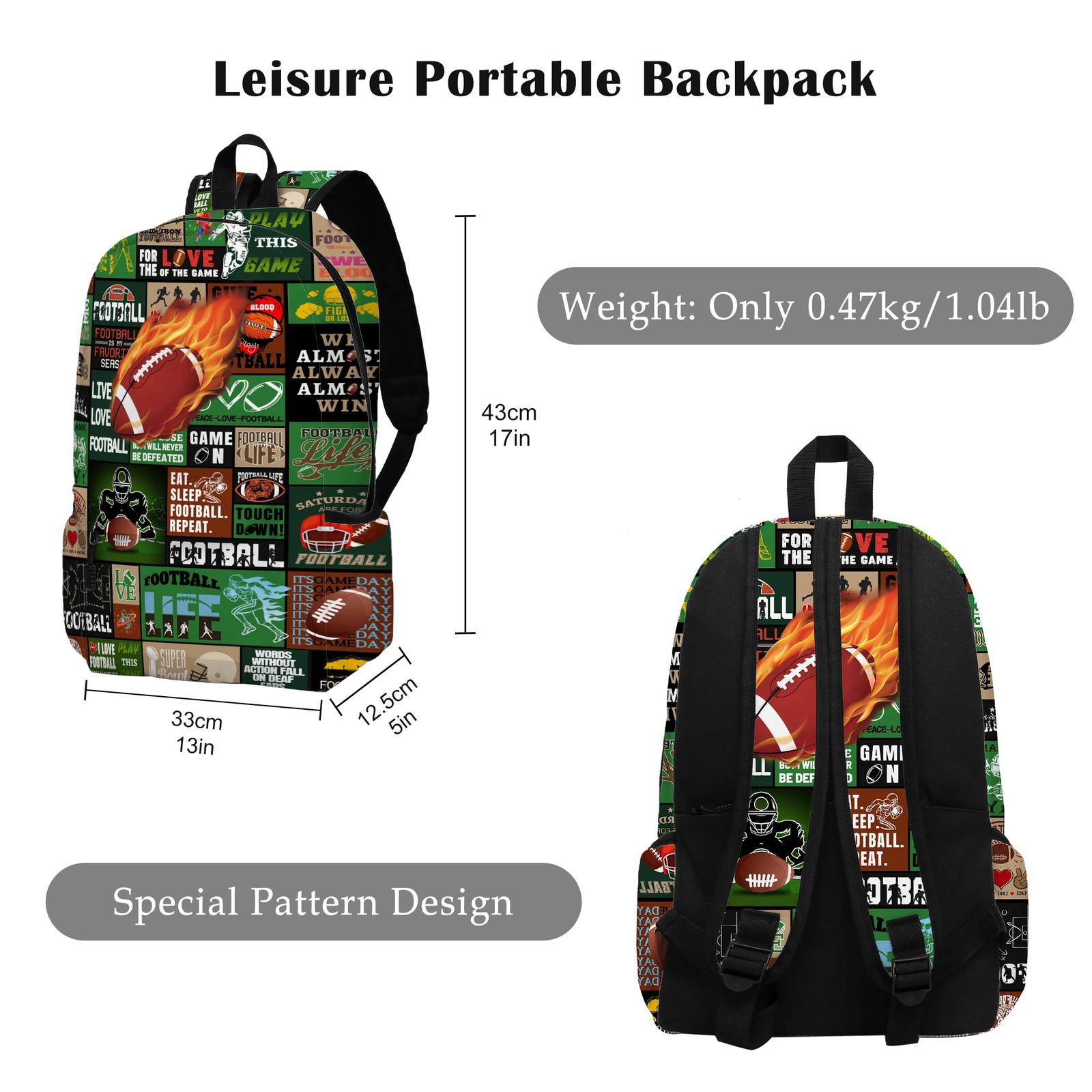 Fire Football School Backpack for Boys Bookbag, 17 Inch Football Backpack for…