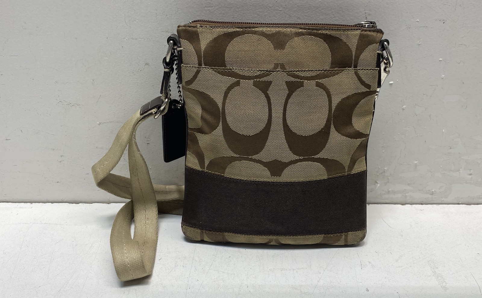 Coach Brown Khaki Signature Canvas Crossbody Bag Small North South Swingpack