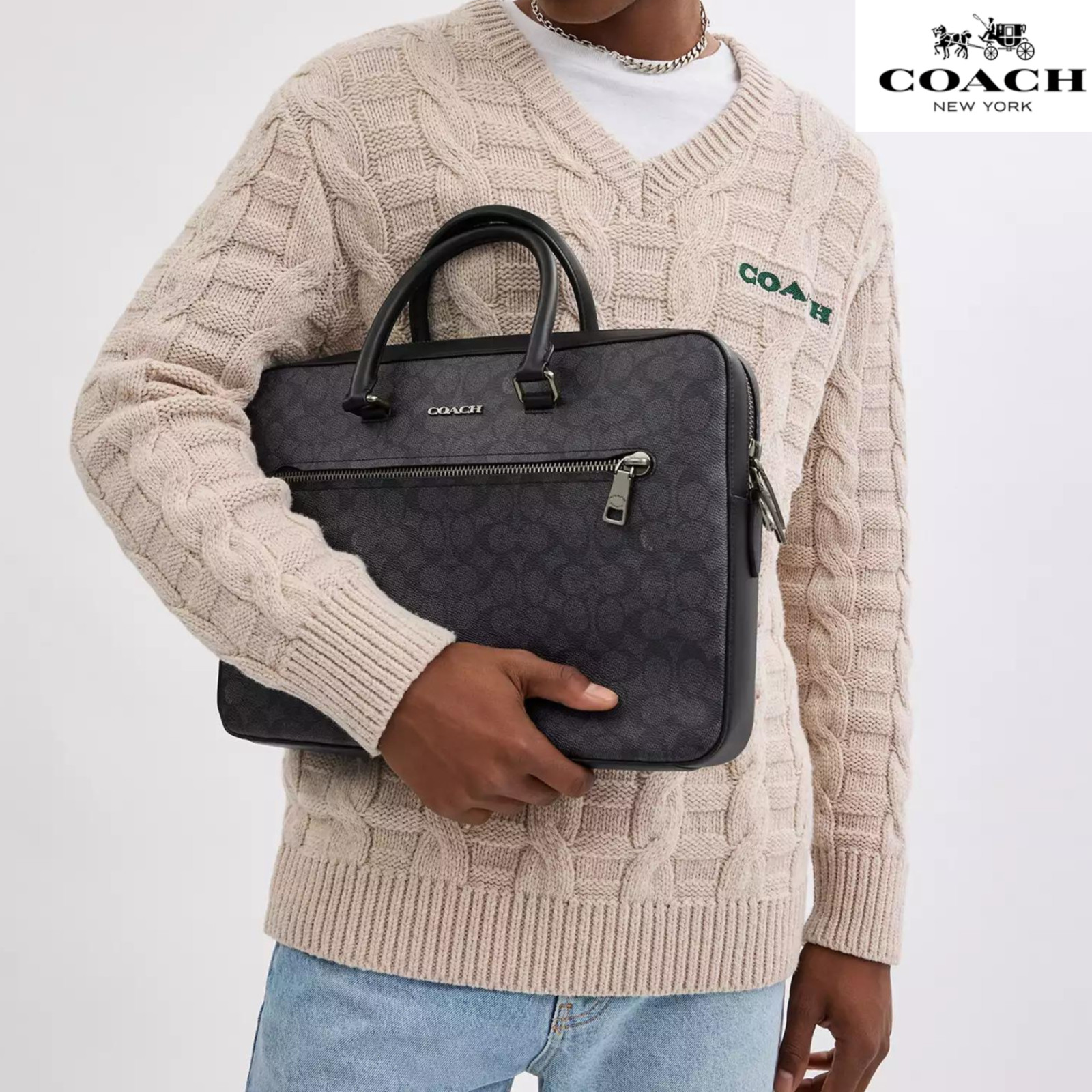 Coach Ethan Slim Brief In Signature Canvas for laptop Gunmetal Charcoal Black