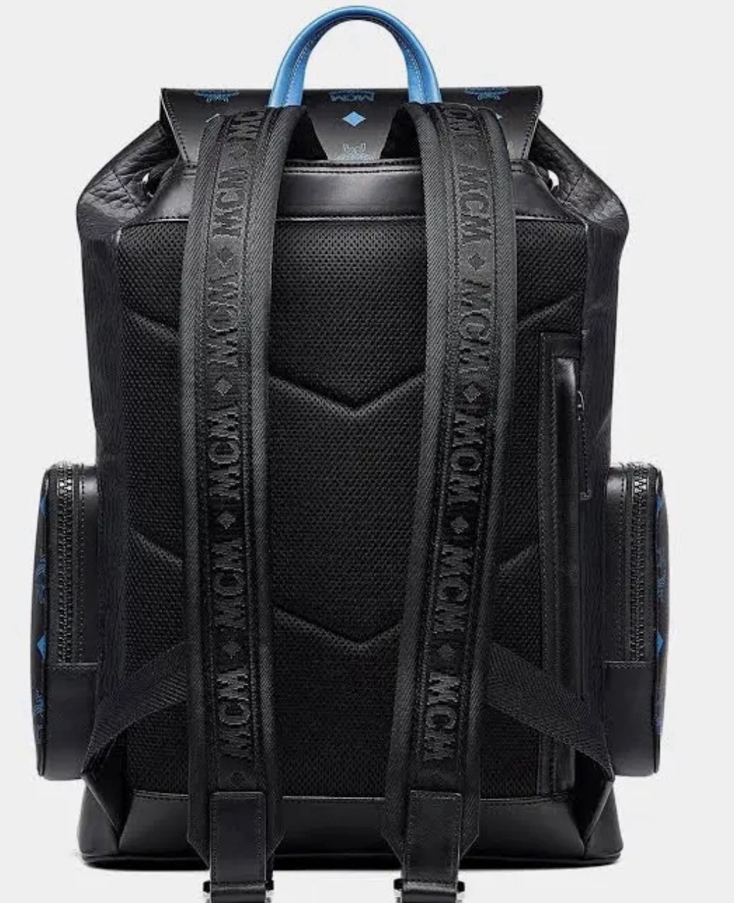 MCM Black Logo Print Backpack Blue Top Handle Drawstring Buckle Mens