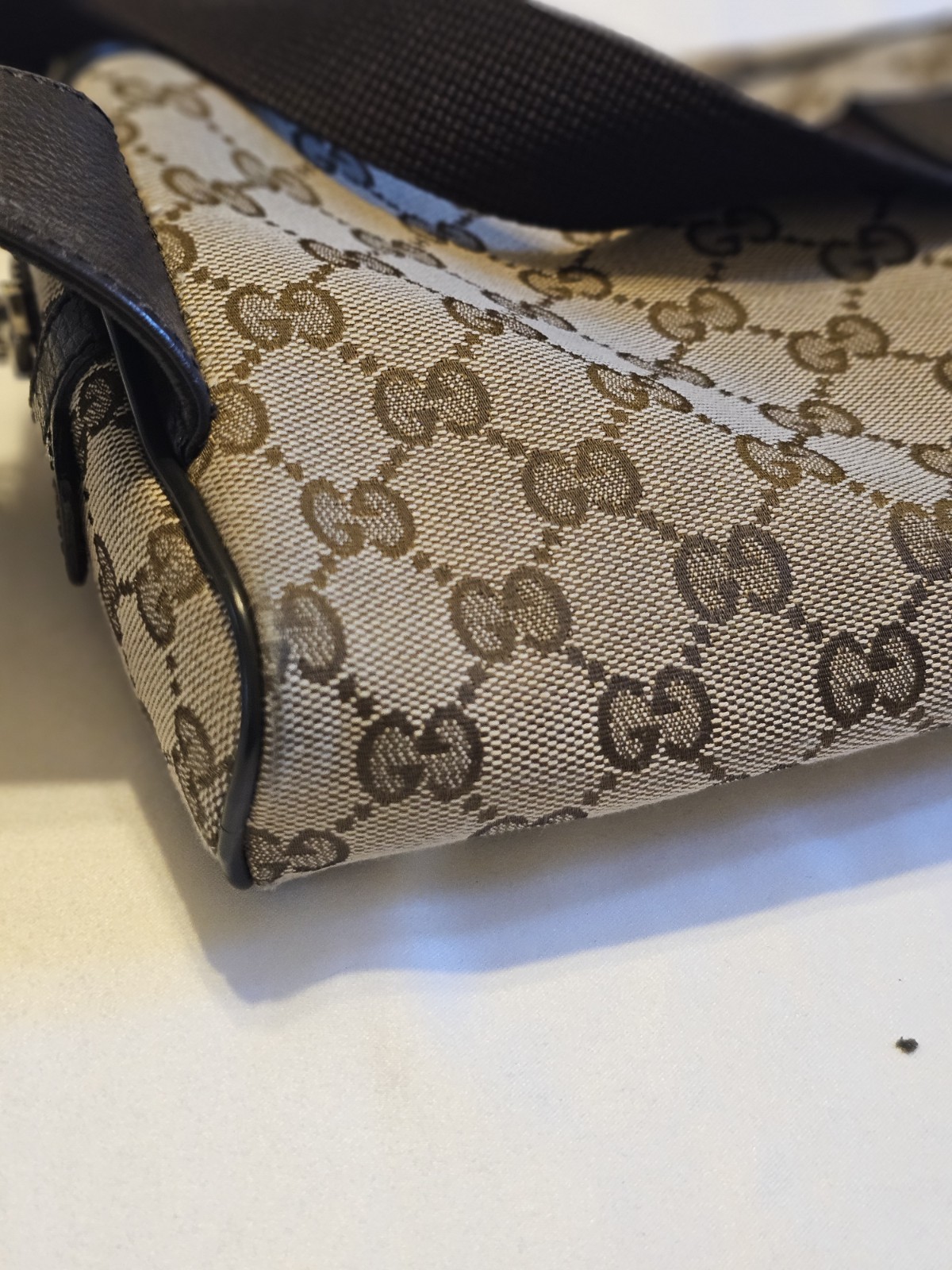 Gucci GG Monogram Crossbody Bag Zip Closure Adjustable Strap Beige Brown
