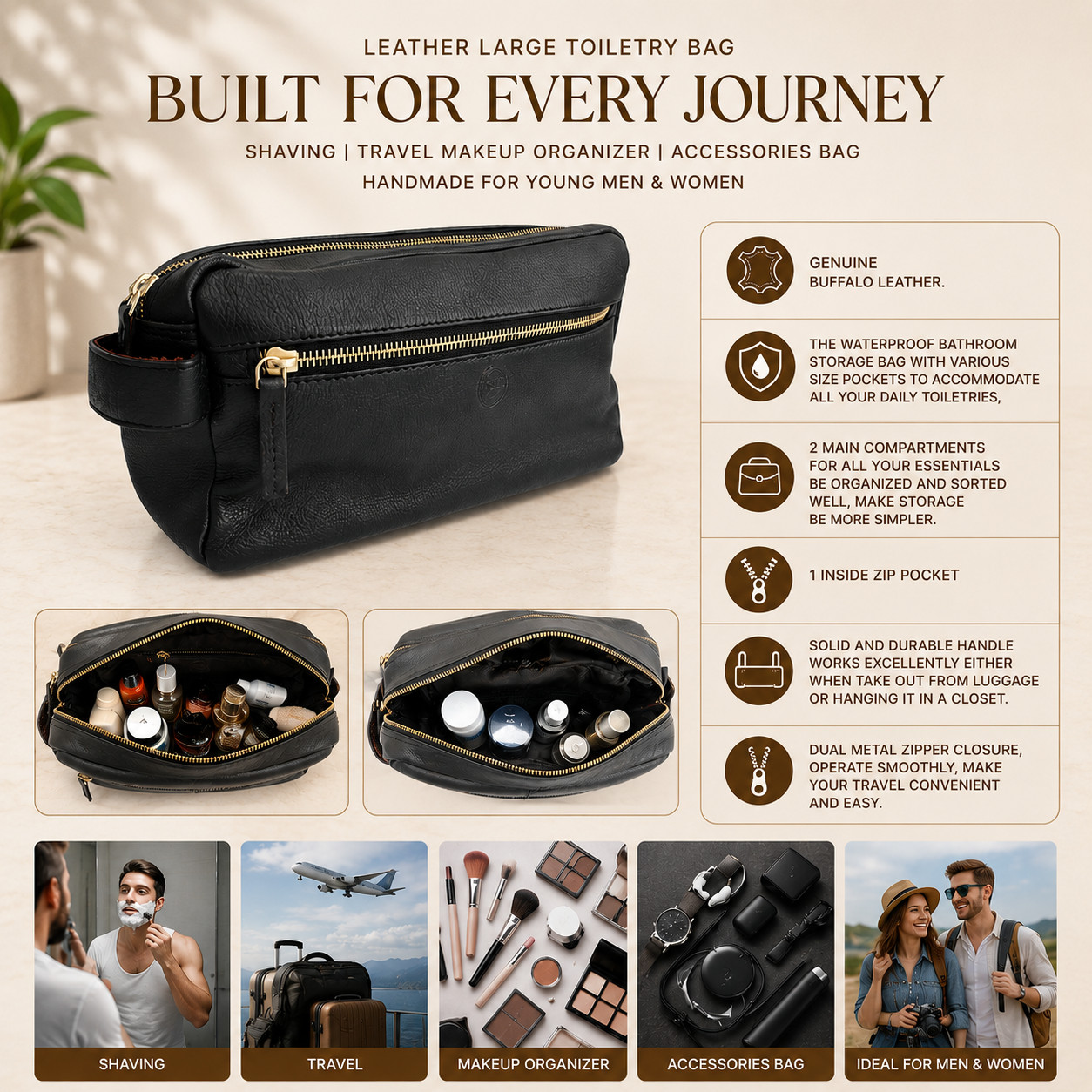 Leather Large Toiletry Bag Dopp Kit Travel Makeup Organizer Shaving Bag Gift