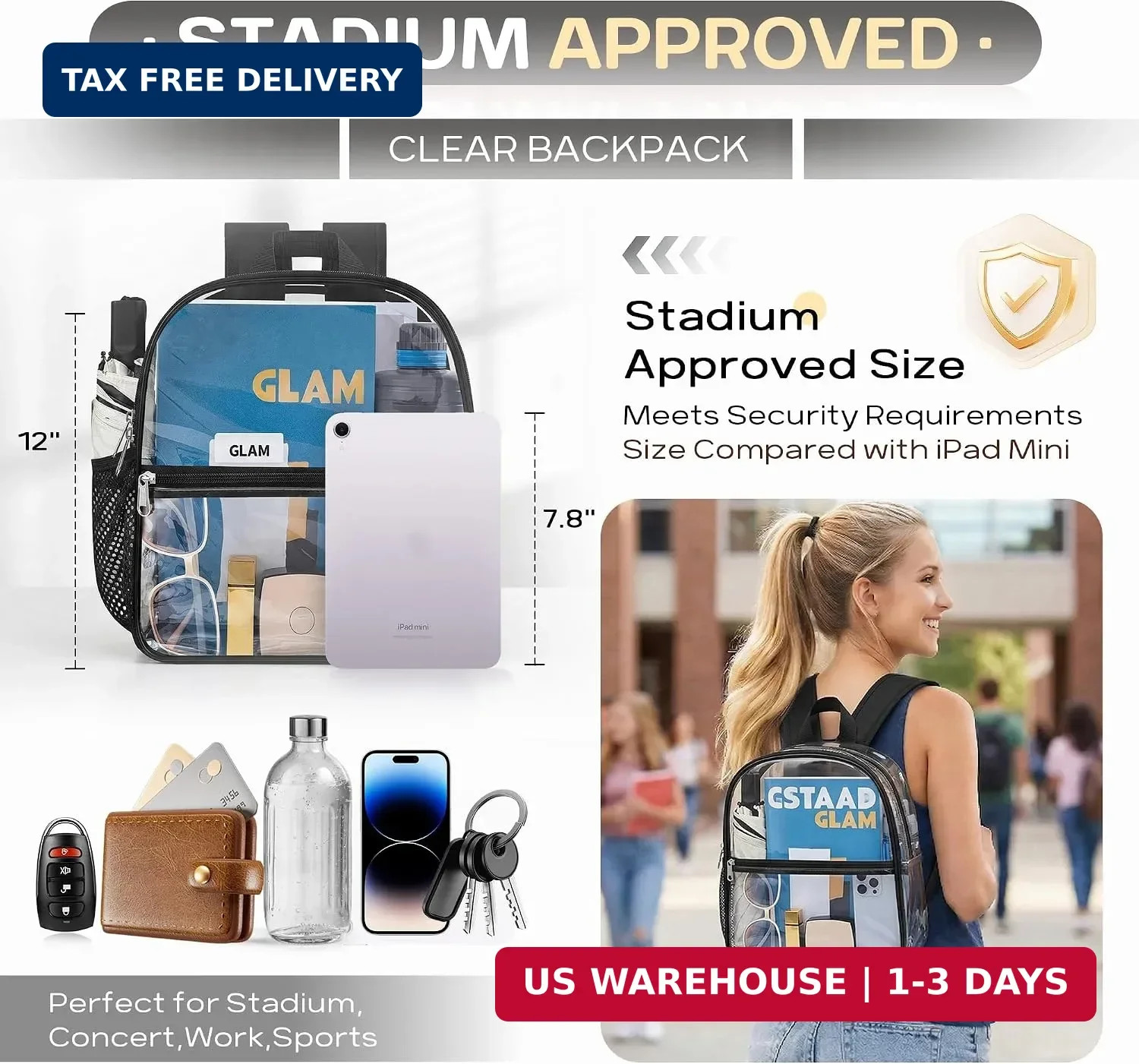 Oraben Clear Backpack Stadium Approved, Clear Bag 12 x 6 x 11 in, Small Transpar