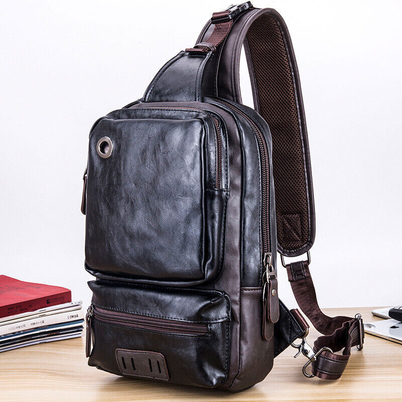 Men’s Sling Backpack PU Leather Large Capacity Cross Body Bag Chest Shoulder Bag