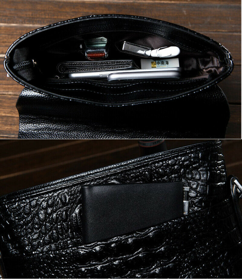 Men Leather Black Crocodile Sling Shoulder Bag Crossbody Bag 10″ Messenger Bag B