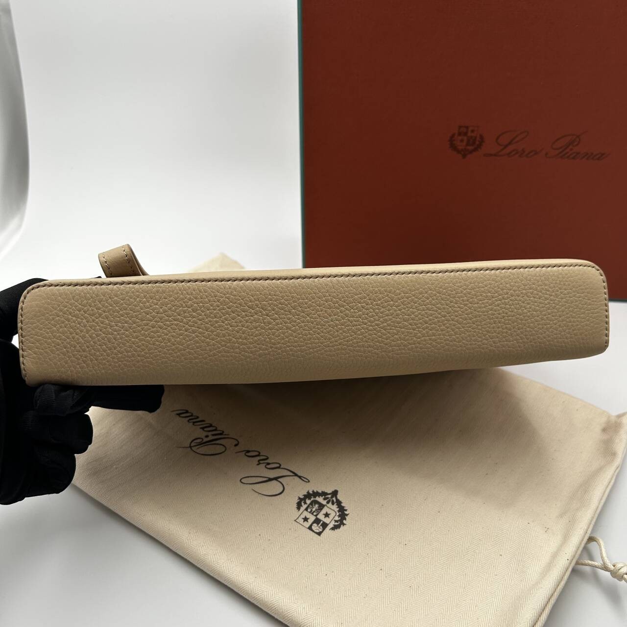 Loro Piana Extra Pouch L29 Grained Calfskin Warm Mastic Onyx Clutch Wristlet Bag