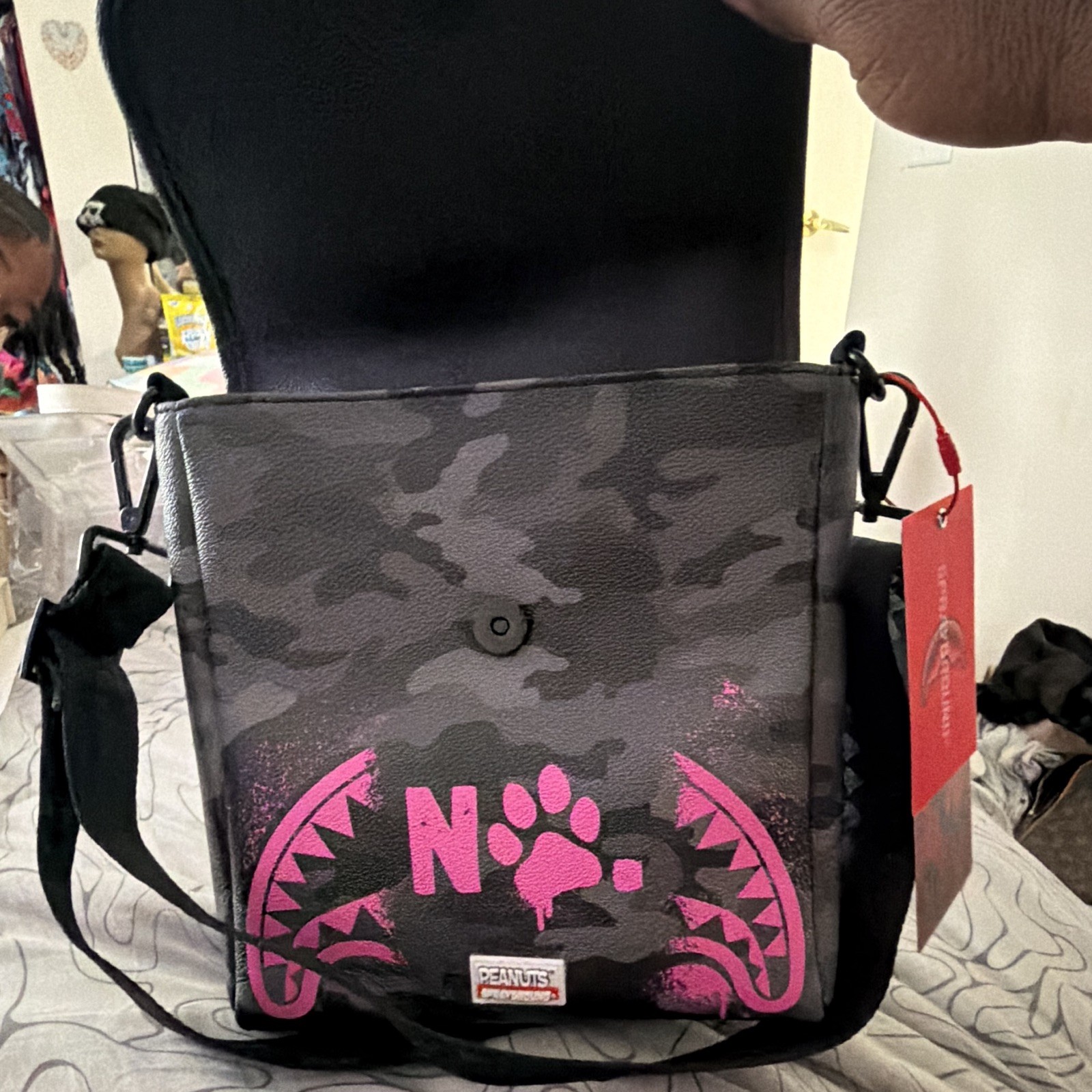 Sprayground Peanuts Snoopy Pink/Gray Camo Crossbody Bag Adjustable Strap