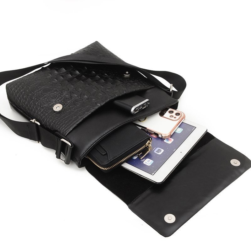 Men’s Black Crocodile Leather Crossbody Bag – 10″ Sling Shoulder Messenger Bag