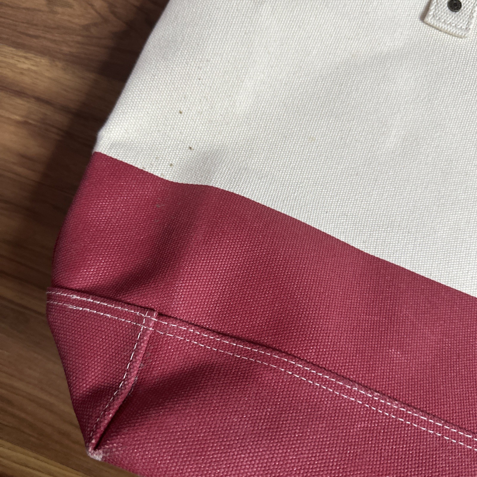 LL Bean Boat & Tote Zip Top Bag Canvas Ivory/Red L/XL Teacher Beach Leather Trim