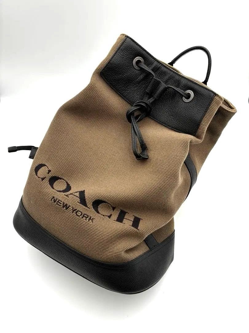 COACH Canvas Backpack Khaki Black Leather W30×H39×D15cm 11.8×15.4×5.9in