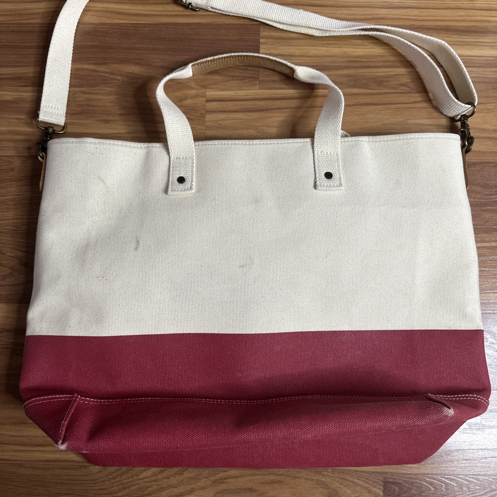 LL Bean Boat & Tote Zip Top Bag Canvas Ivory/Red L/XL Teacher Beach Leather Trim