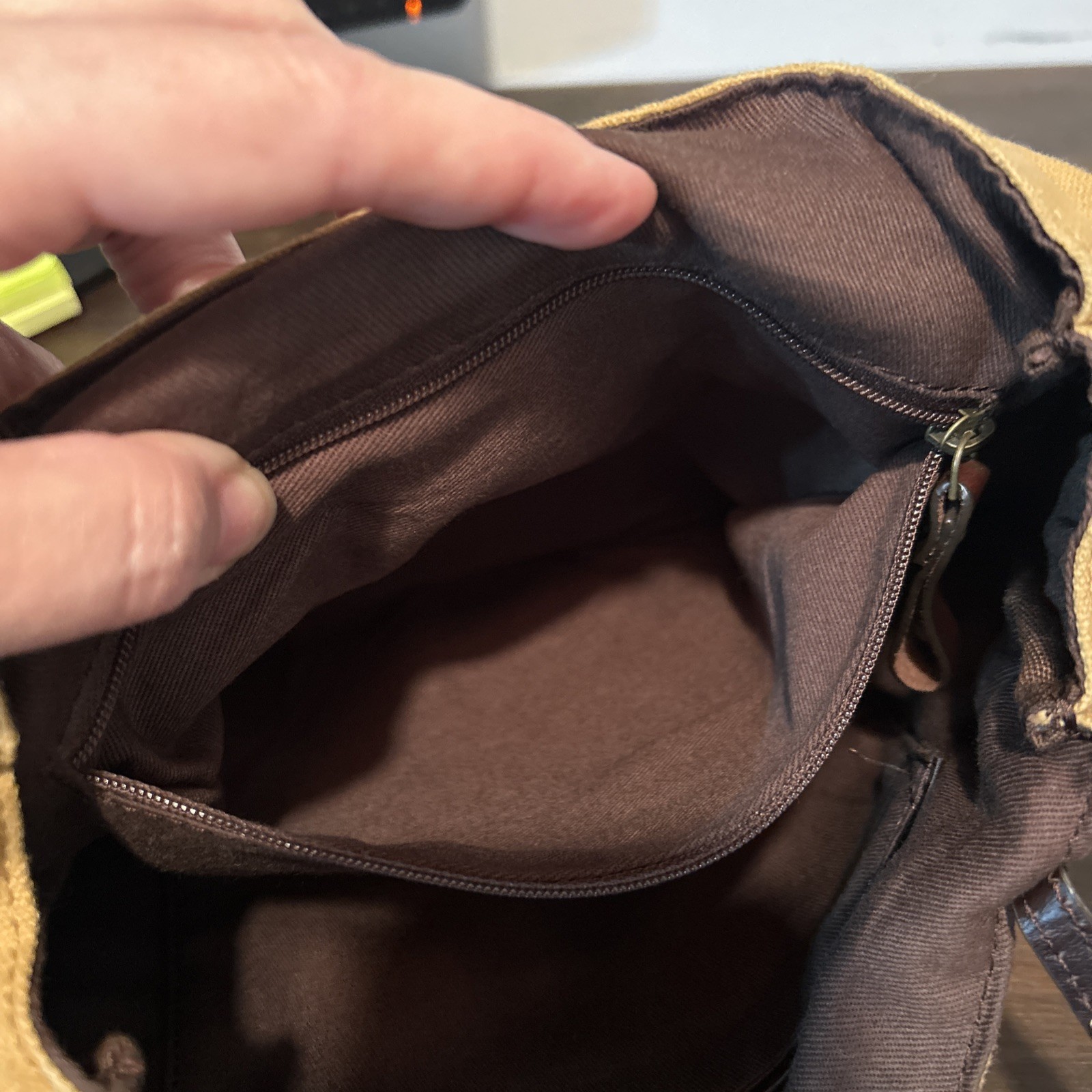 DULUTH TRADING Co Messenger Bag Brown Tan Canvas Leather Trim Satchel Purse