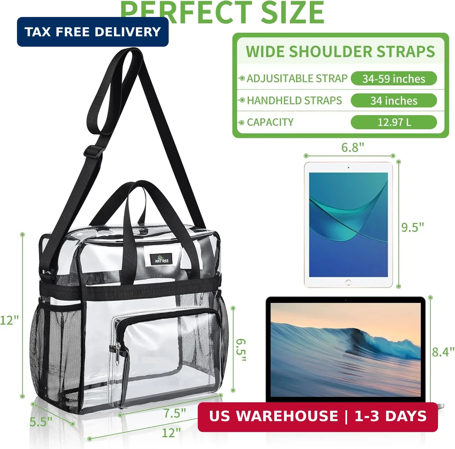MAY TREE Clear Bag for Stadium Events, 12×5.5×12 Clear Tote Lunch Bag with Non