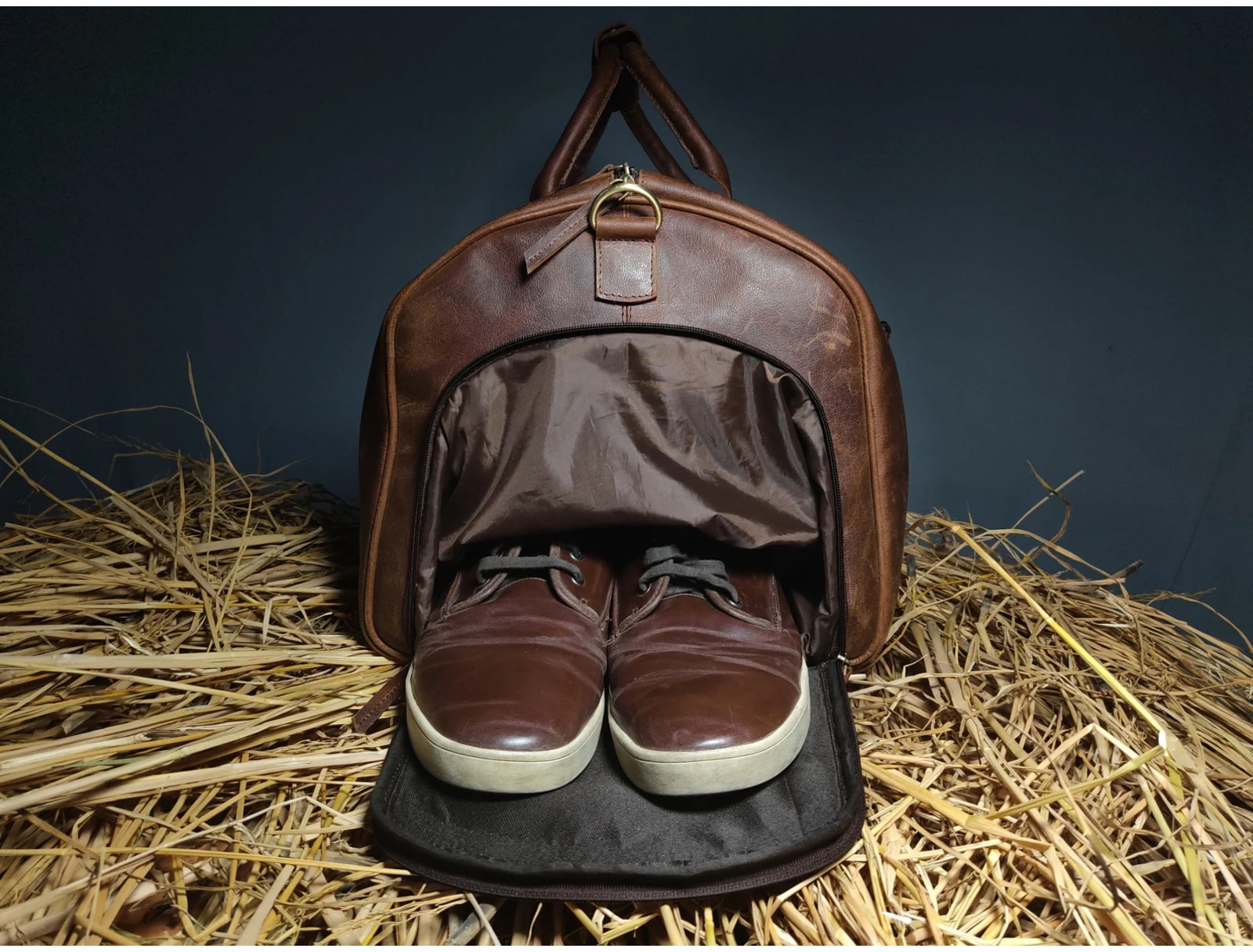 Full Grain Leather Duffle Bag Men Weekender Travel Gym Overnight Holdall