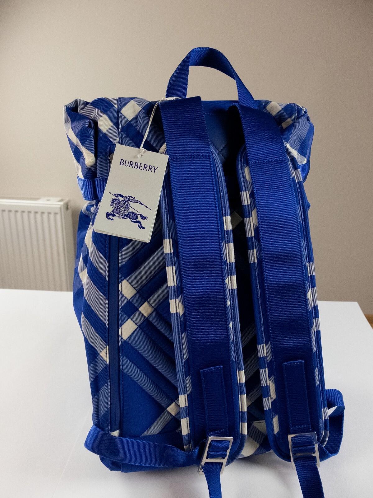 (NO CUSTOMS TAX) BURBERRY blue & white check roll-top nylon backpack authentic