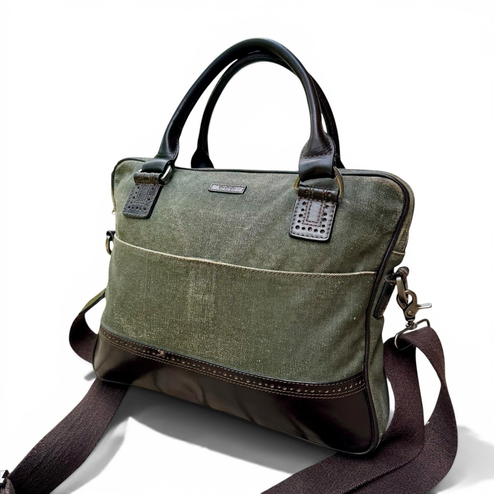 John Varvatos Distressed Olive Canvas Leather Messenger Laptop Bag Brown