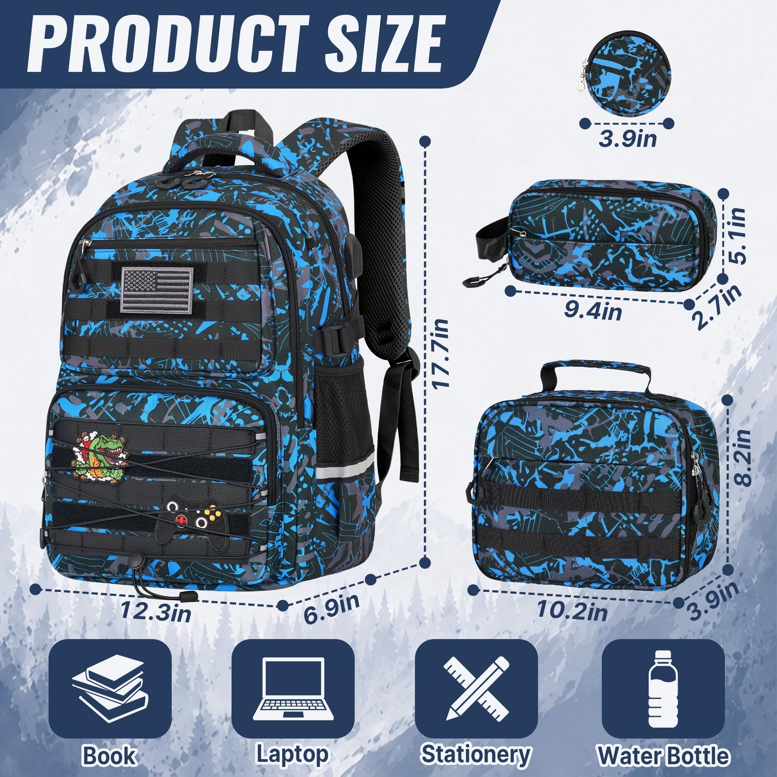 Boys Backpack with Lunch Box, 4 PCS Blue Camo Large Capacity Elementary Schoo…