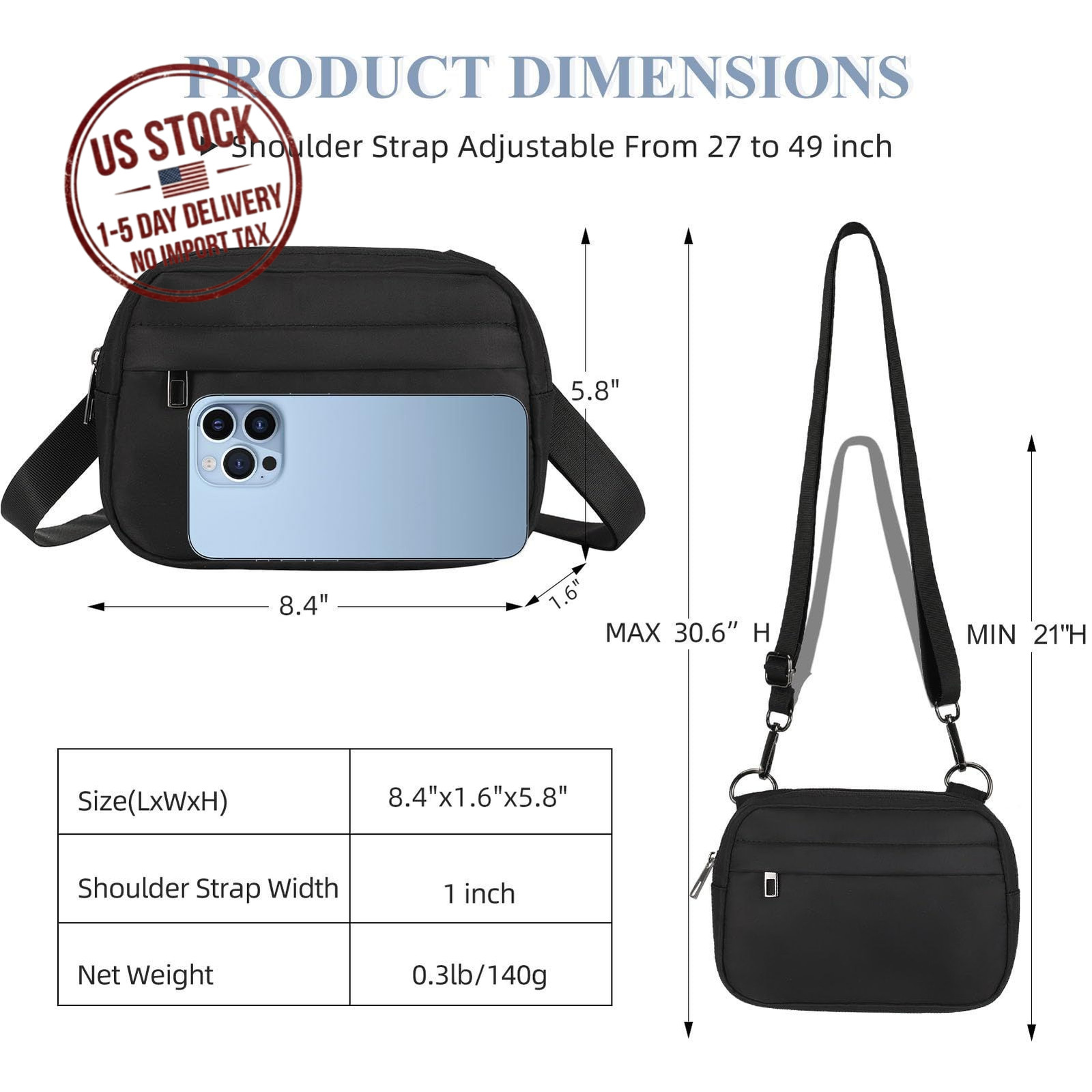 Small Crossbody Bag for Women Belt Bag Fanny Pack Adjustable Strap Black