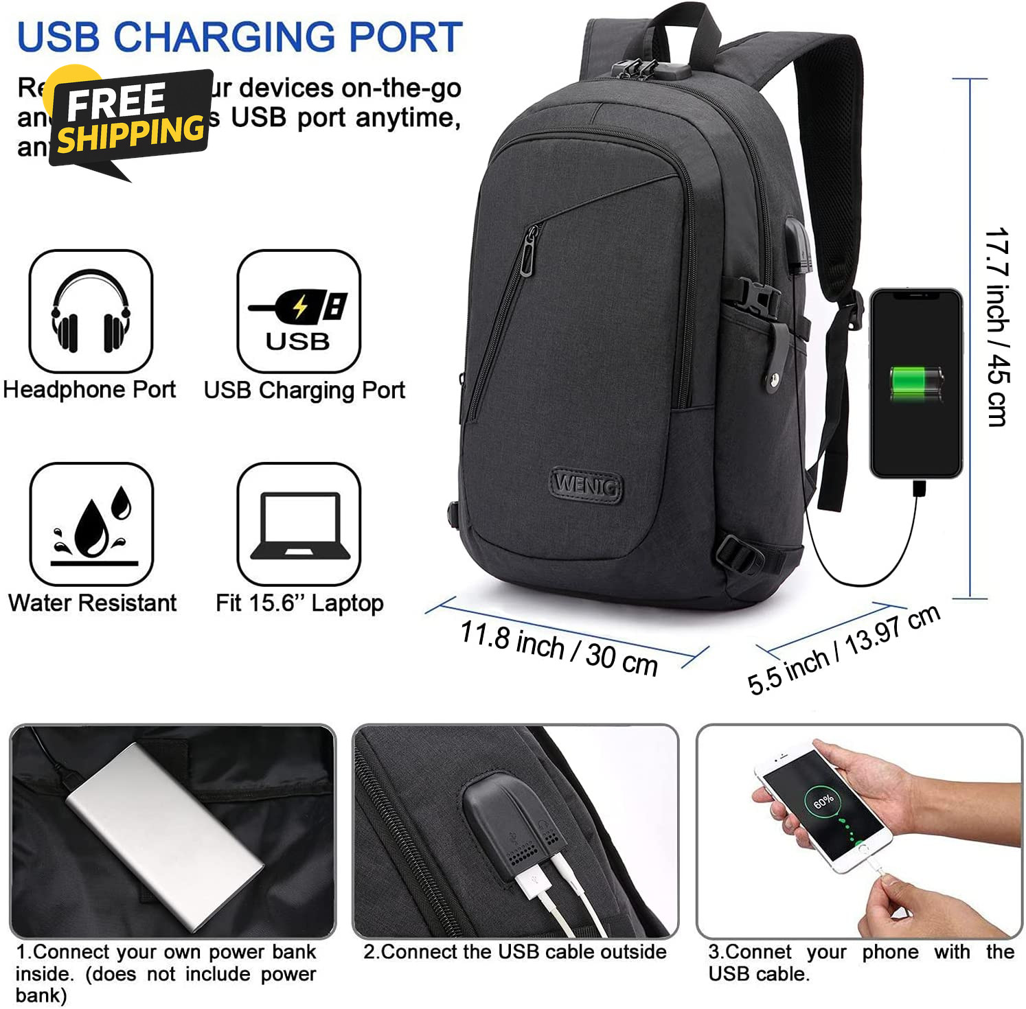 Anti-Theft Travel Laptop Backpack with USB Charging Port Lock,Water Resistant