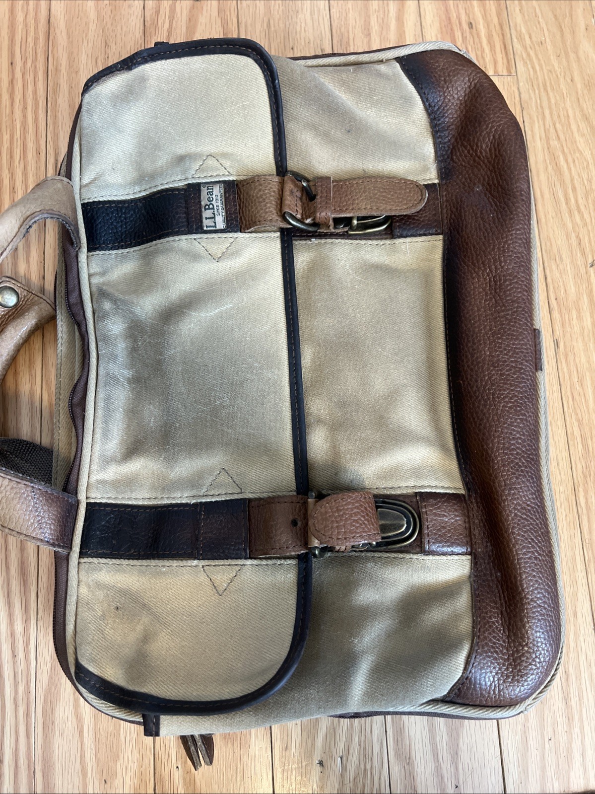LL Bean Canvas Messenger Crossbody Bag Push Lock Leather Trim Tan Brown
