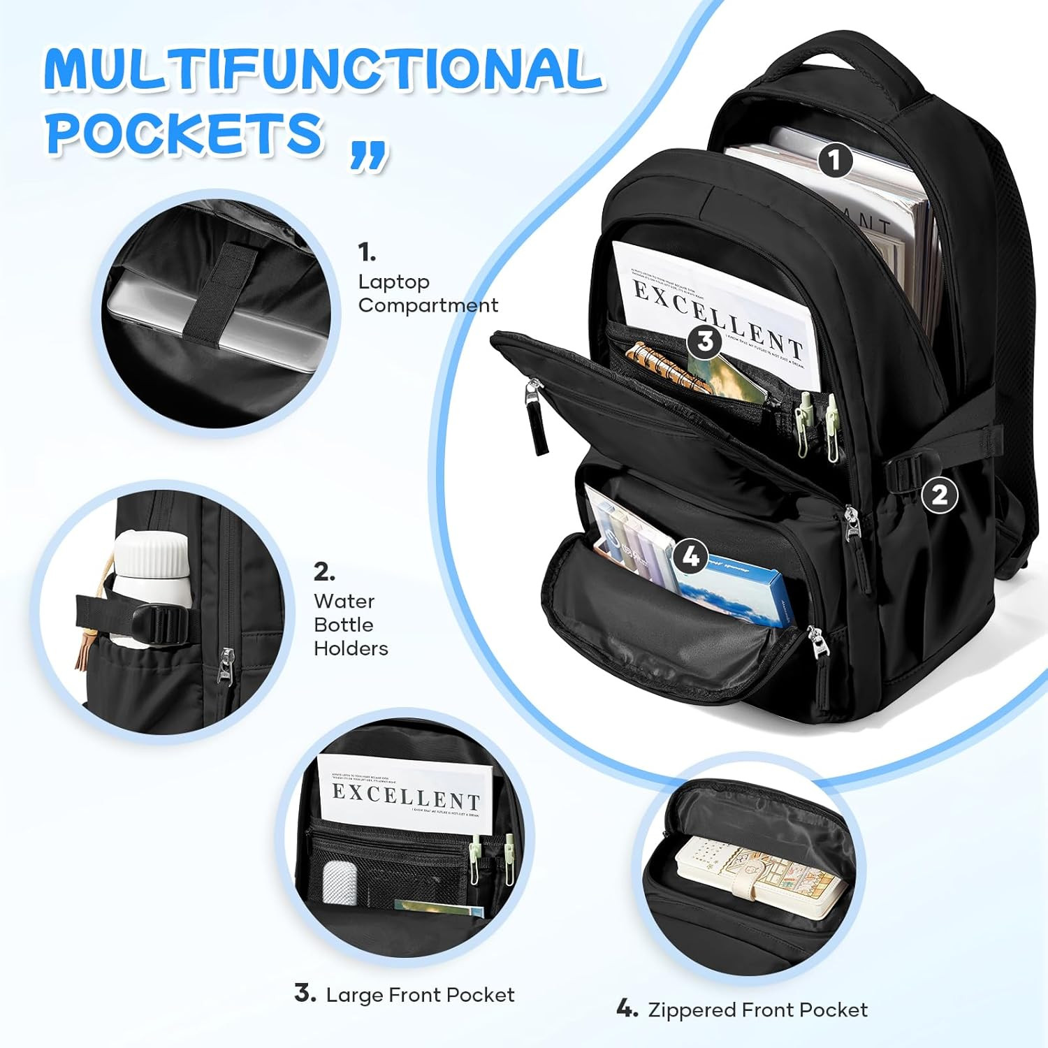 Black Backpack for Women School Backpack with Laptop Compartment Gym Bag for Men