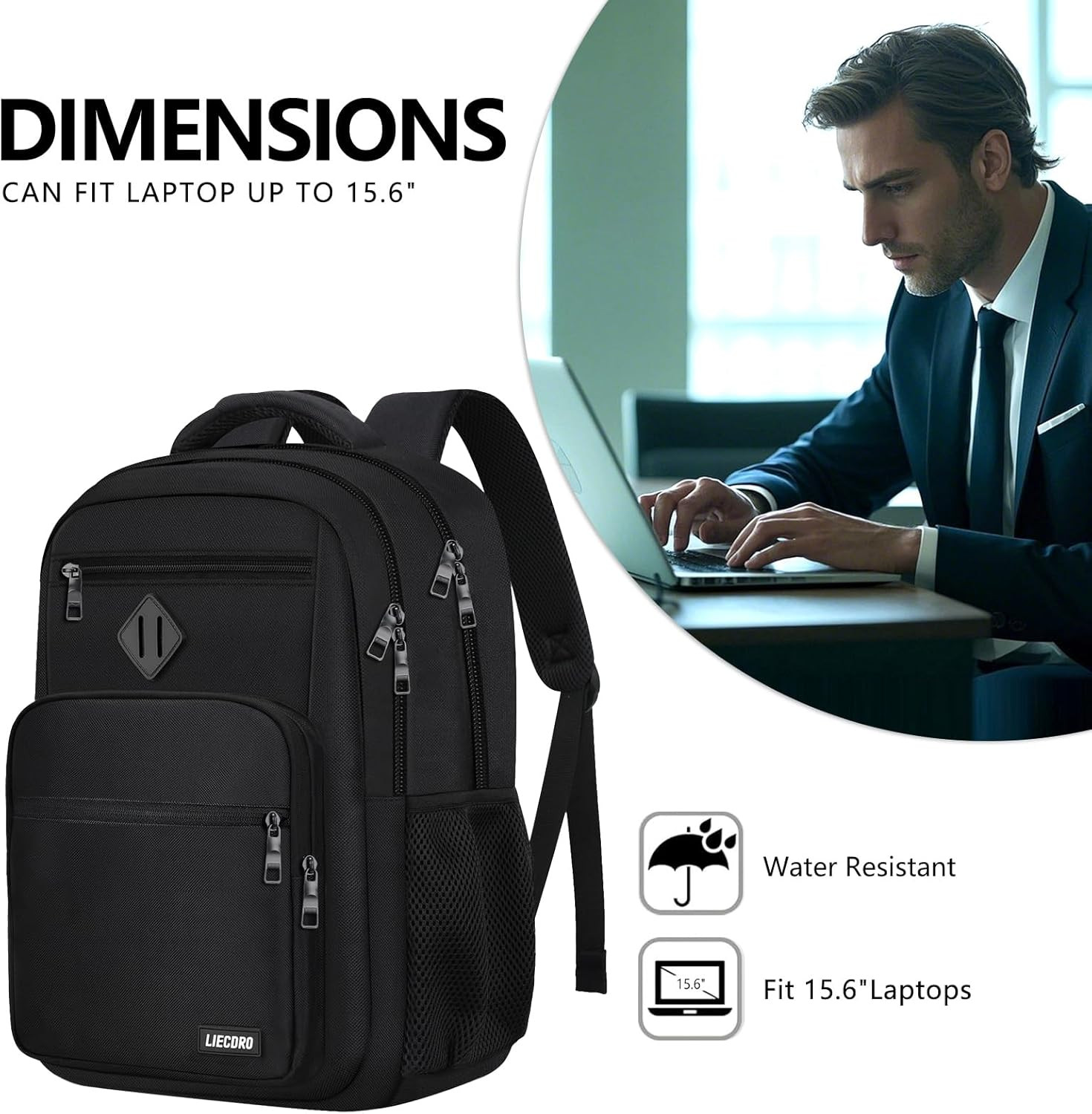 Black Backpack for Men, School Backpack for Boys Teens,15.6 Inch Laptop Back Pac