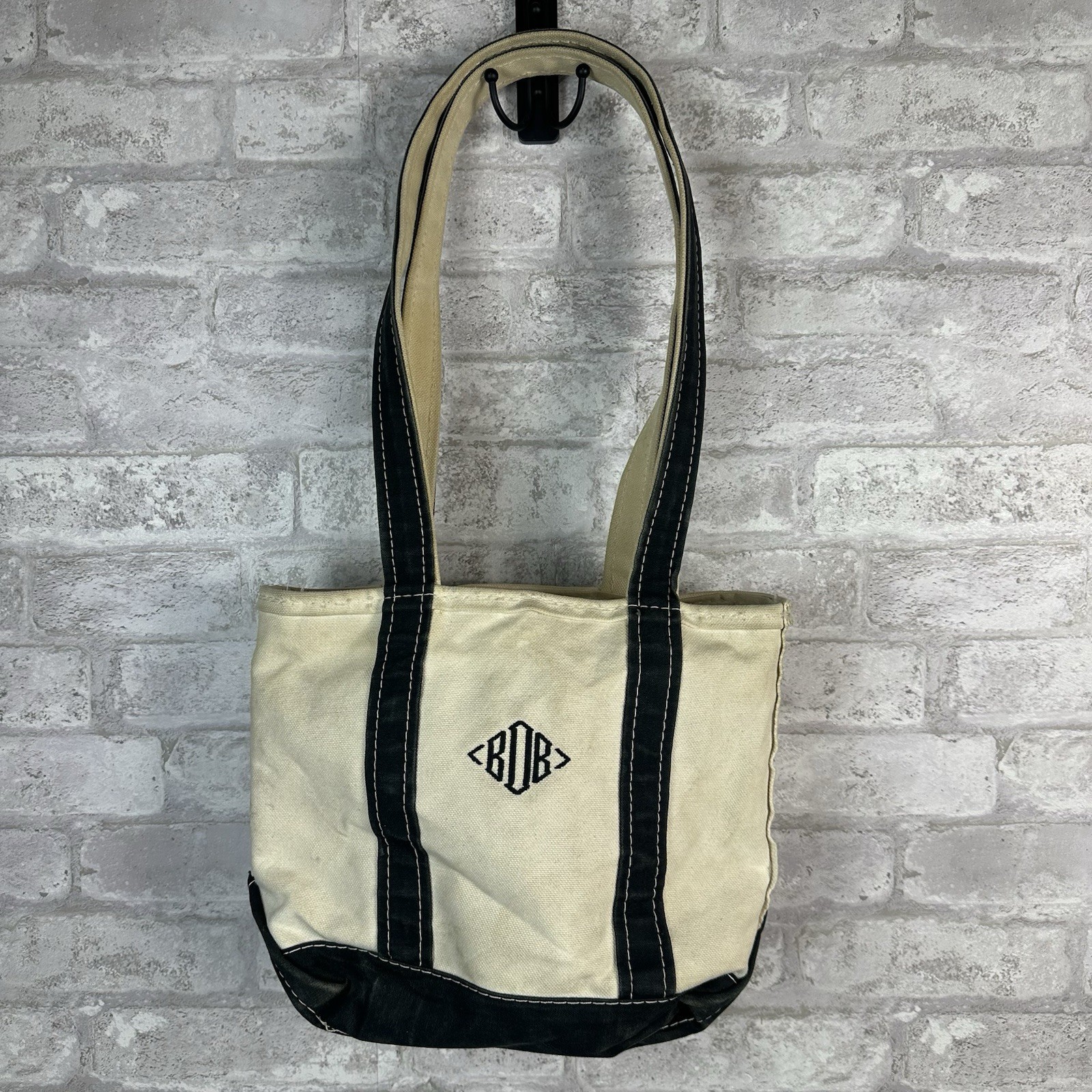 L.L. Bean Boat and Tote Bag Blue Trim Canvas Zip Long Handles USA Vintage 11×9