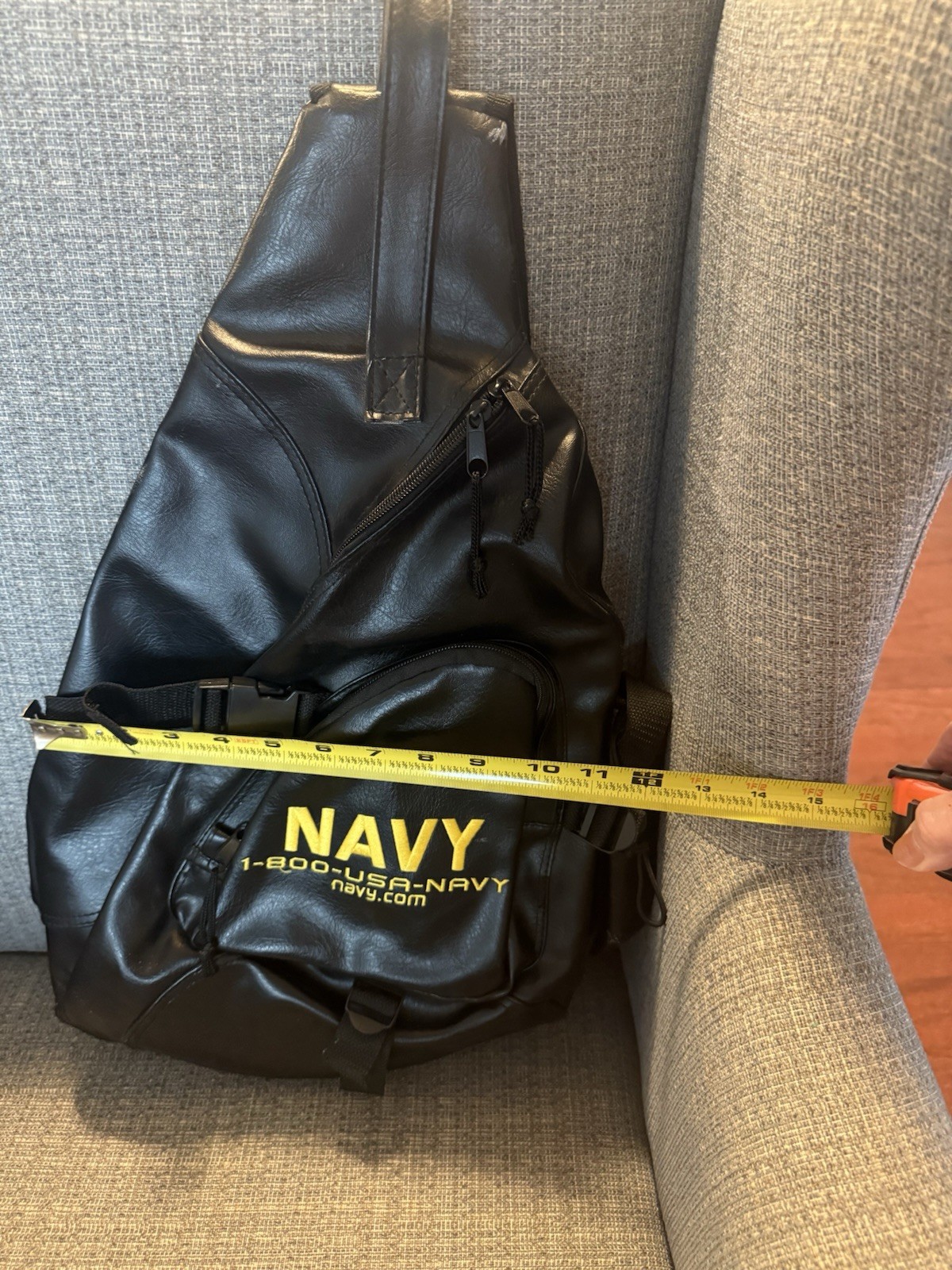 US Navy Single-Strap Sling Backpack – Black – Faux Leather – Embroidered Text