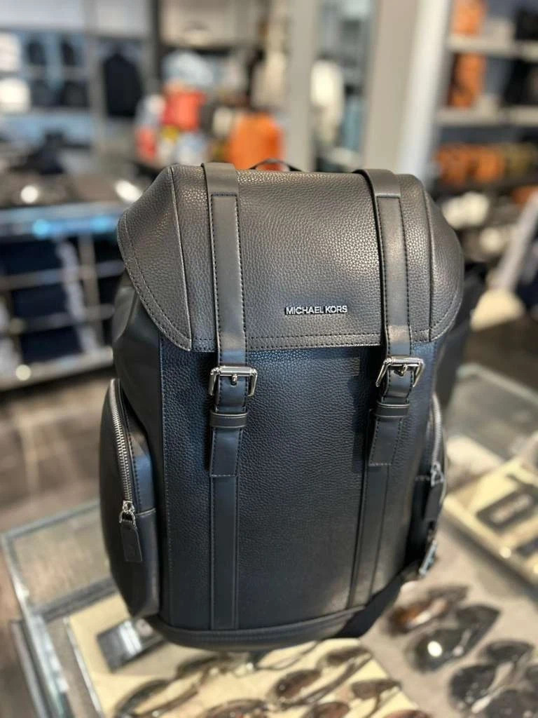 Michael Kors Cooper City Men Buckle Side Pockets Leather Travel Backpack Black