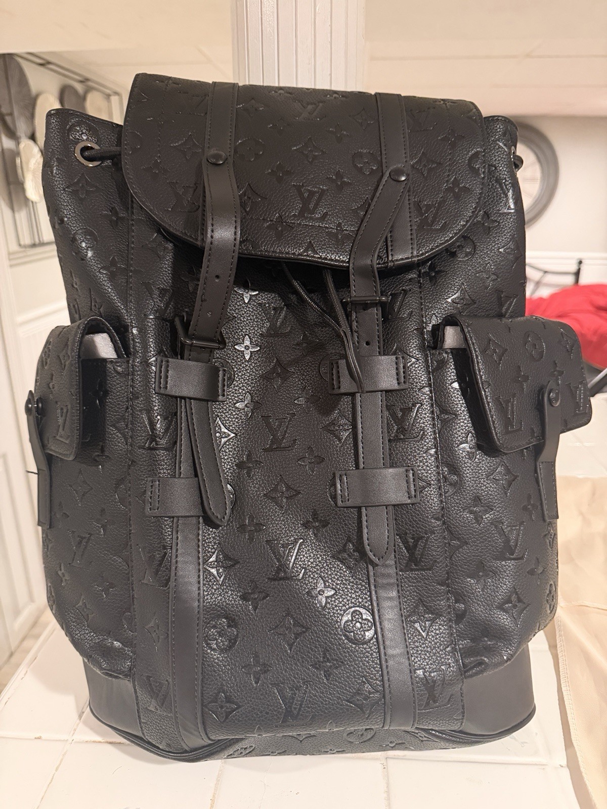 Black Monogram Embossed Backpack w/ Dust Bag Buckle Drawstring
