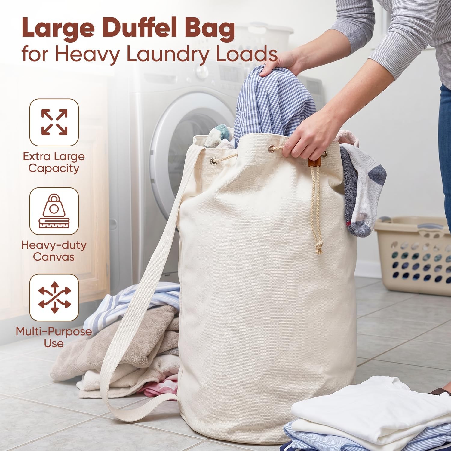 Canvas Duffel Bag – Drawstring, Leather Closure, Shoulder Strap