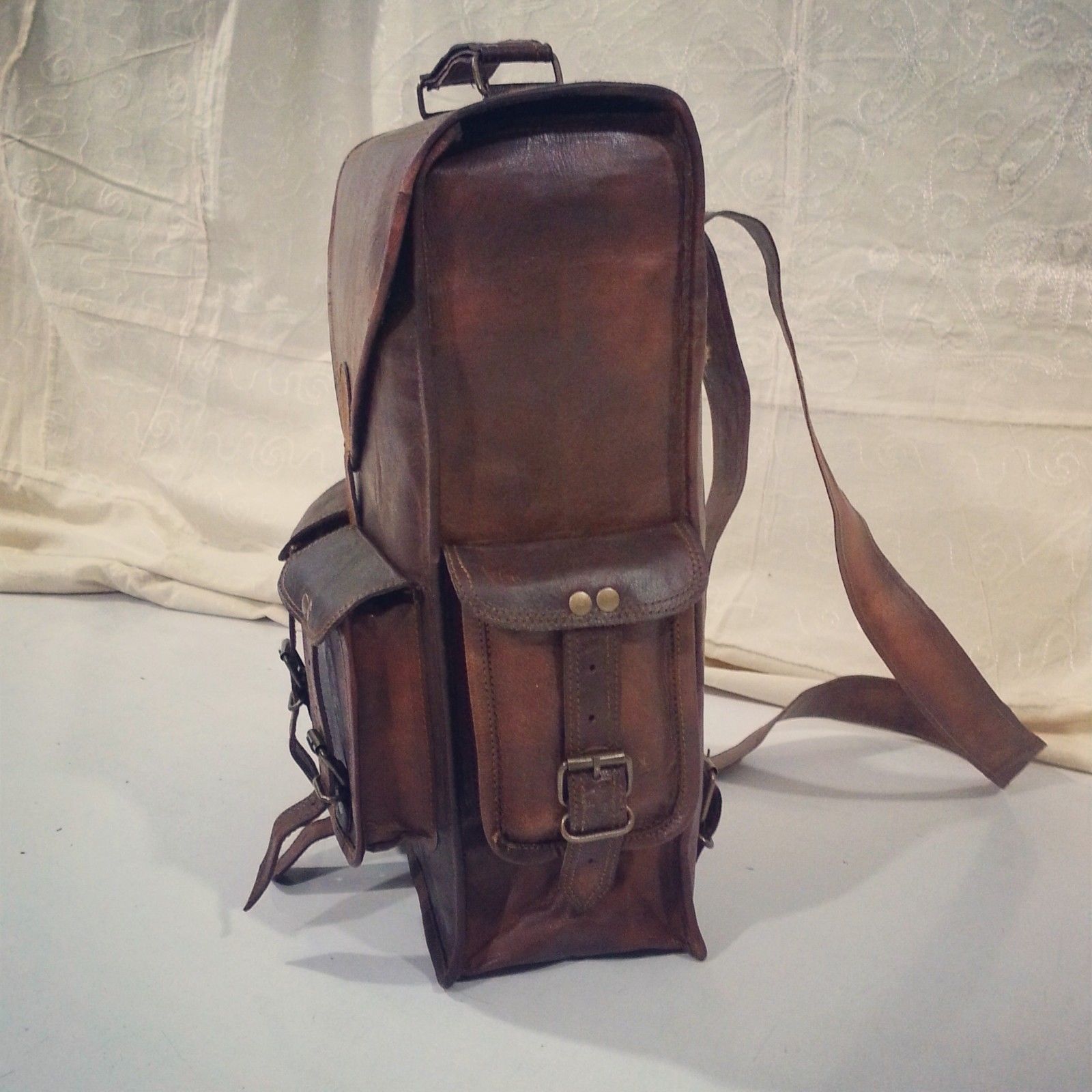 VINTAGE LEATHER BROWN BACKPACK RUCKSACK BAG MEN’S SHOULDER CROSS-BODY SLING BAG