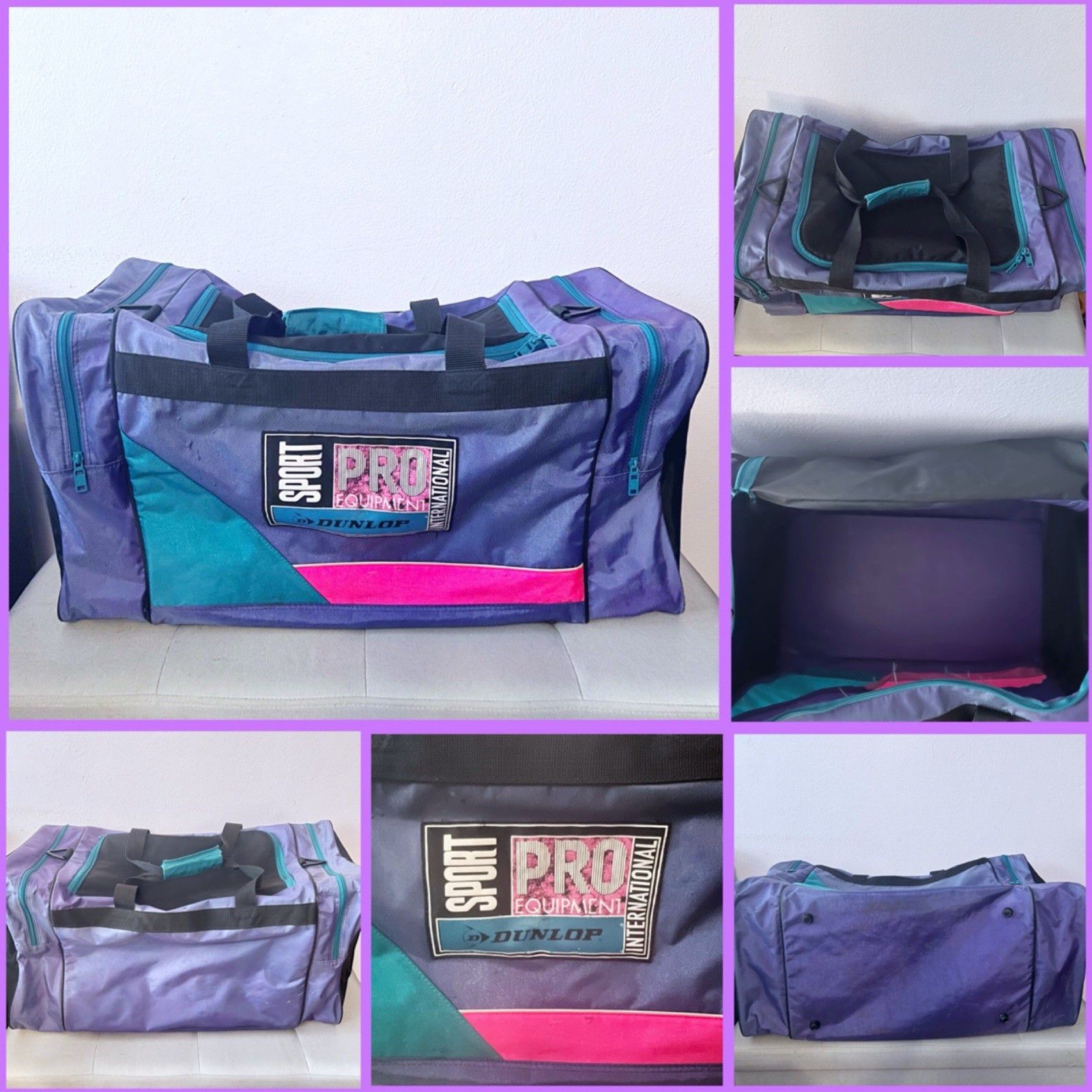 Vintage DUNLOP Sport Pro Equipment Duffle Bag Purple 90s Color Block 25x12x11