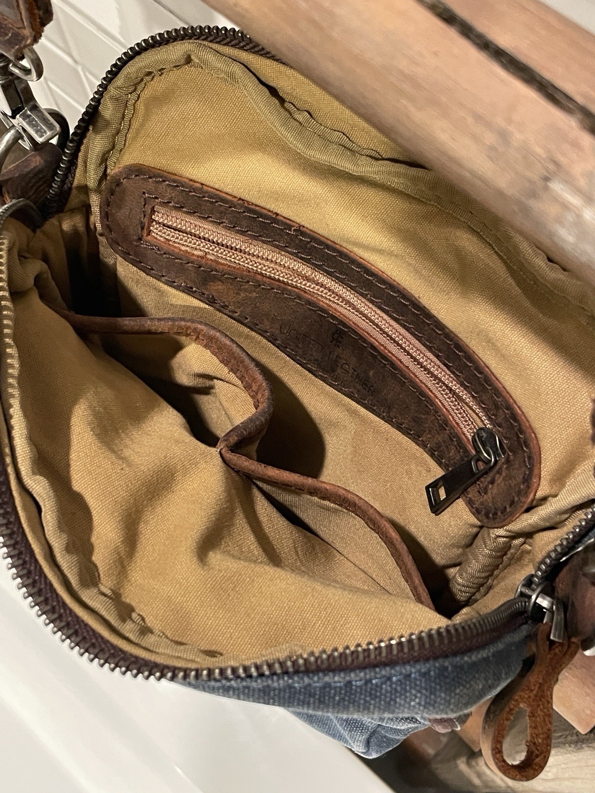 United Leather Messenger Cross Bag Blue Canvas Brown Leather Thick Strap